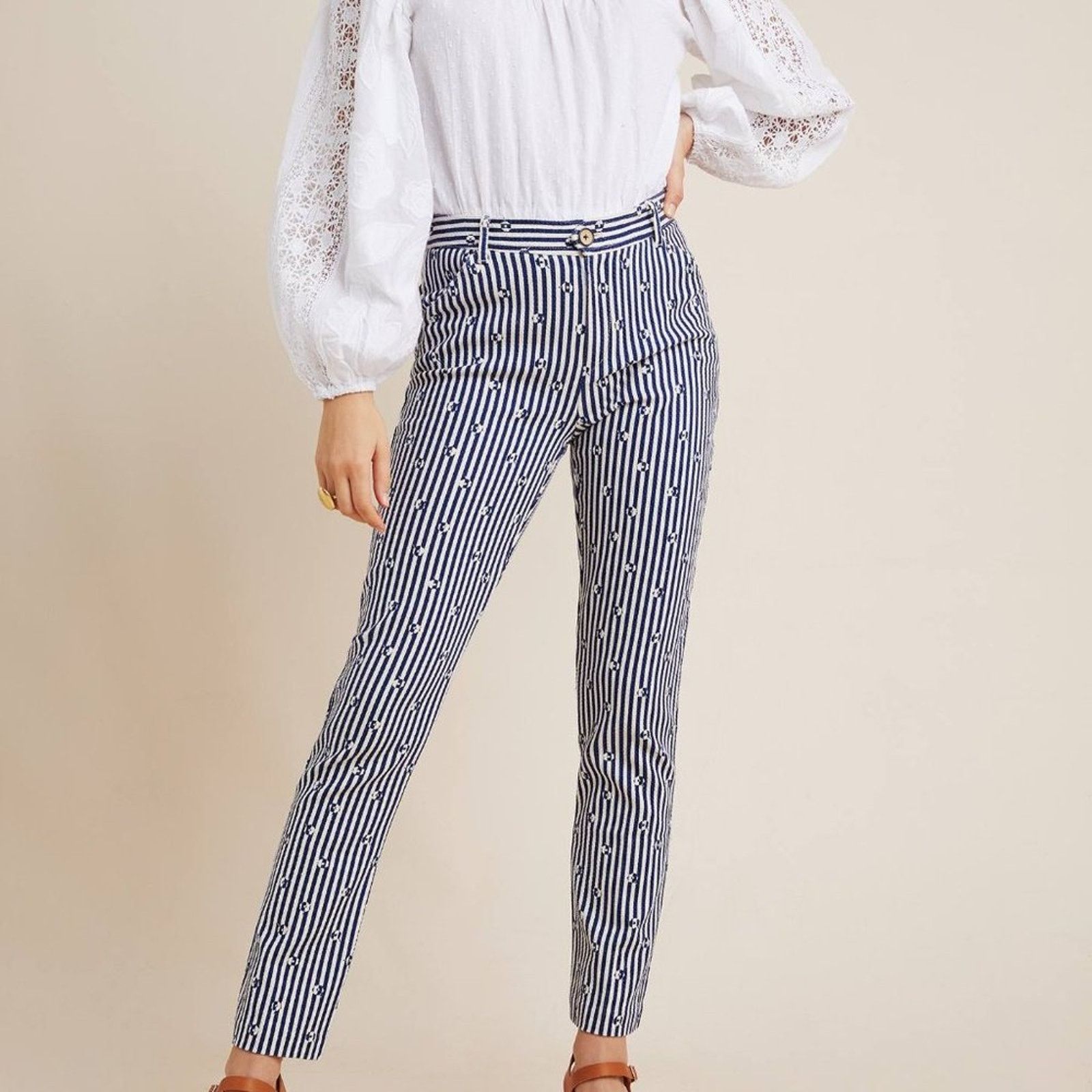 Anthropologie Anthropologie Blue & White Slim Trousers with Embroidery Size 27" / US 4 / IT 40 - 2 Thumbnail