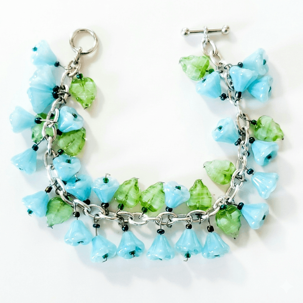 Handmade Charm 7" Bracelet Handmade Aqua Teal Green Flower Leaf Czech Size ONE SIZE - 1 Thumbnail