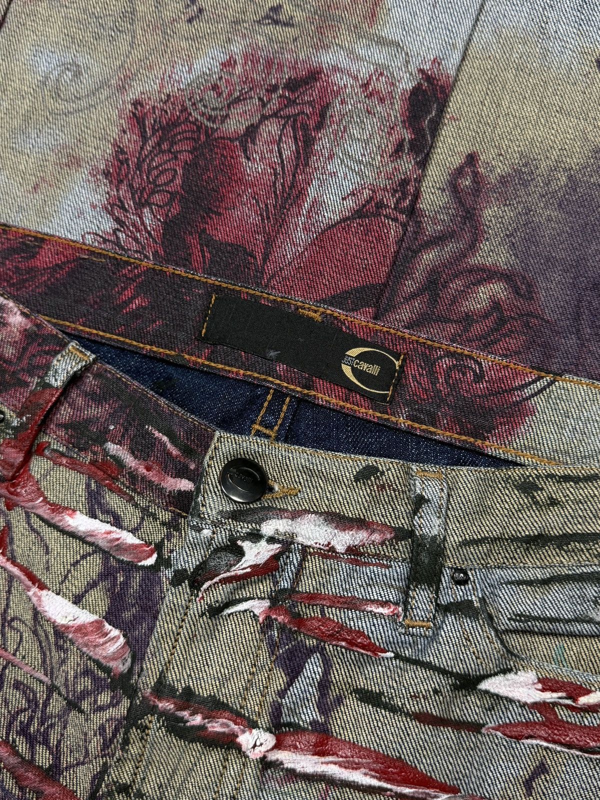 Roberto Cavalli Roberto Cavalli 2000’s Flared Floral Slashed Tattoo Jeans Size 28" / US 6 / IT 42 - 22 Thumbnail
