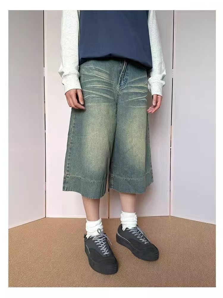 Japanese Brand × Jean Blue Street Washed Wide Leg Distressed Denim Shorts Size US 32 / EU 48 - 2 Thumbnail