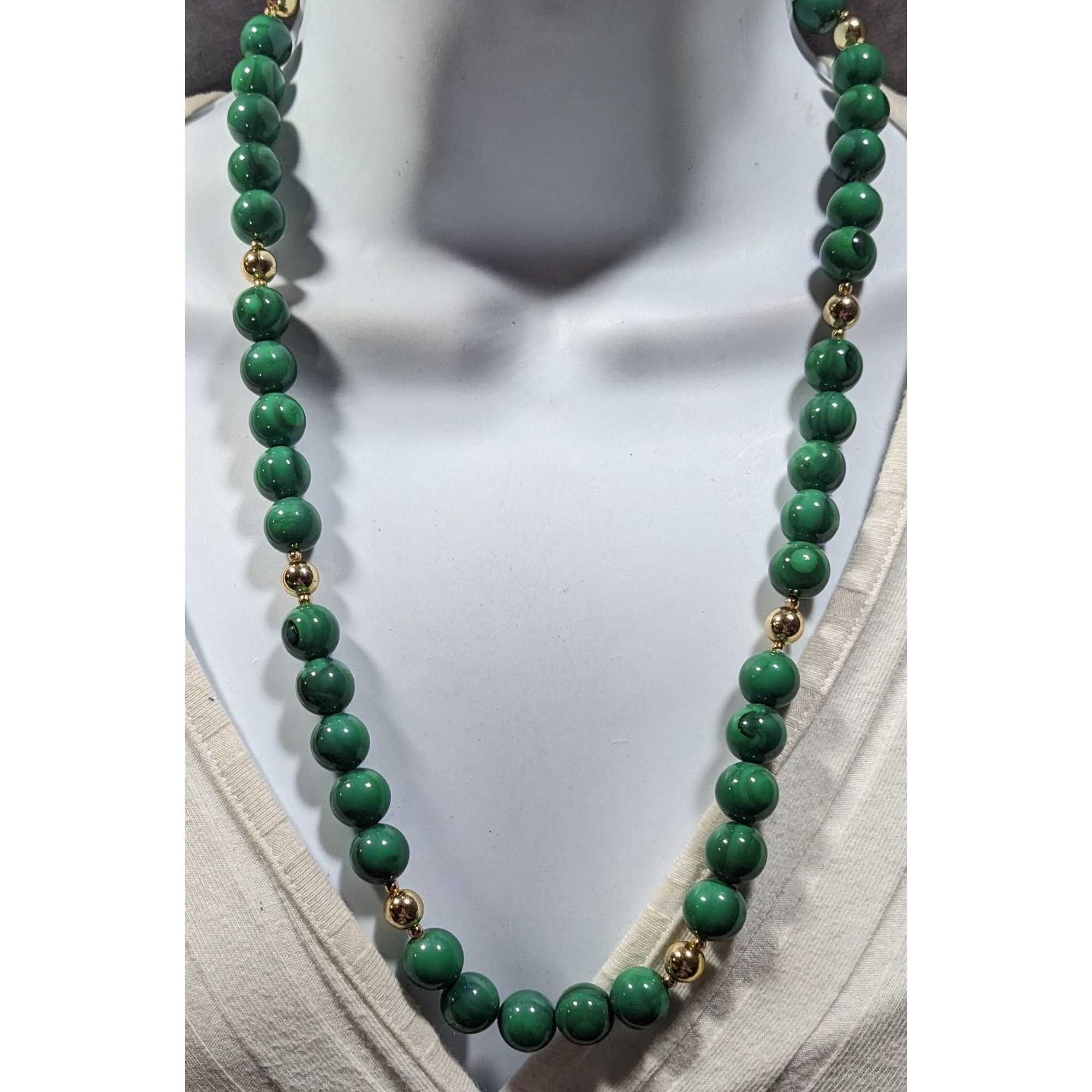 Other Faux Malachite Green And Gold Tone Beaded Necklace Size ONE SIZE - 4 Thumbnail