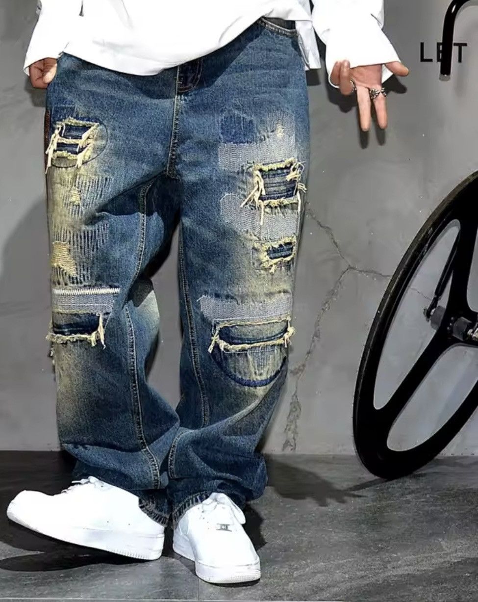 Denime × Jean Streetwear Ripped Patch Jeans Hip Hop Baggy Jeans Size US 30 / EU 46 - 2 Thumbnail