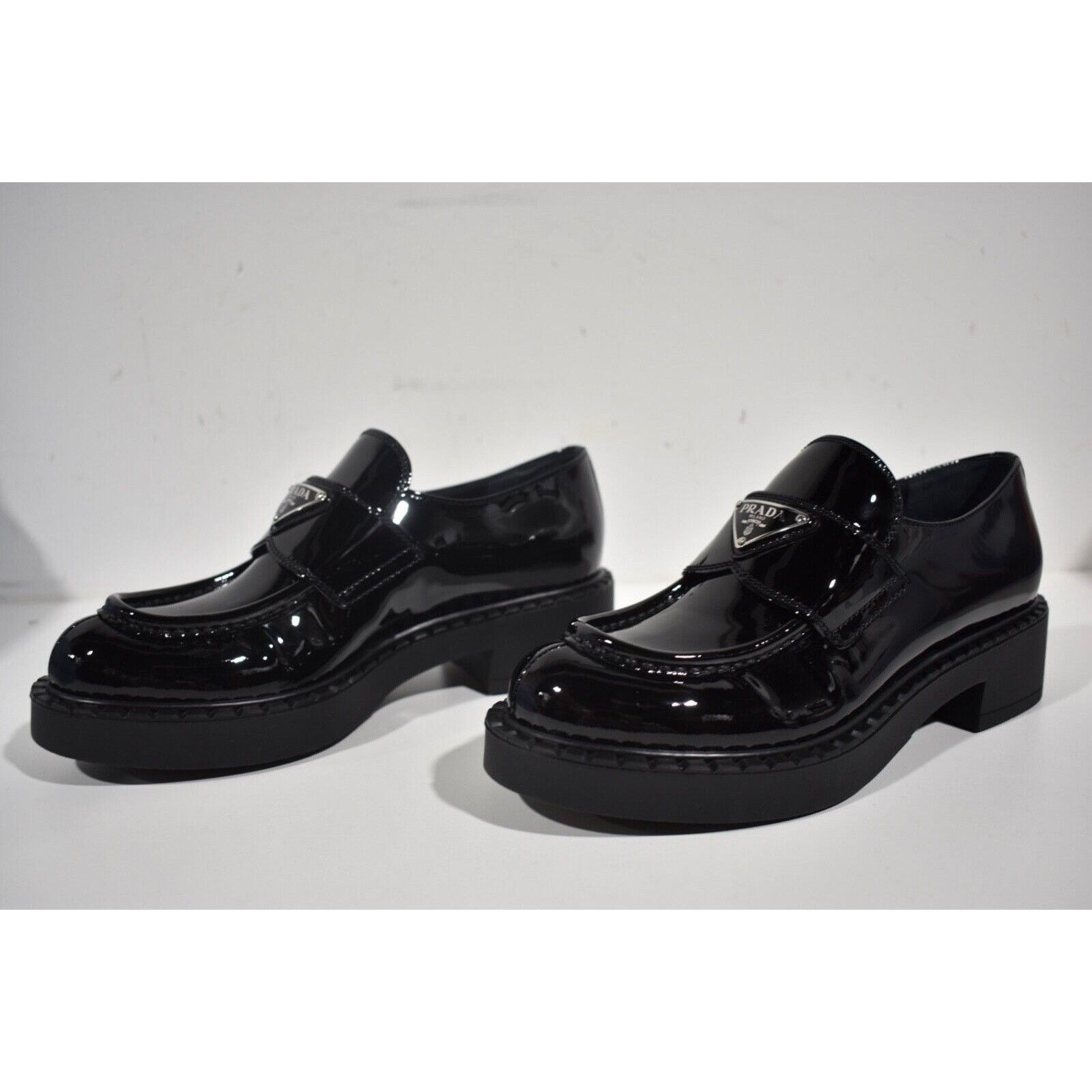 Prada Prada Chocolate Black Patent Leather Silver Logo Platform Size US 11.5 / IT 41.5 - 17 Thumbnail