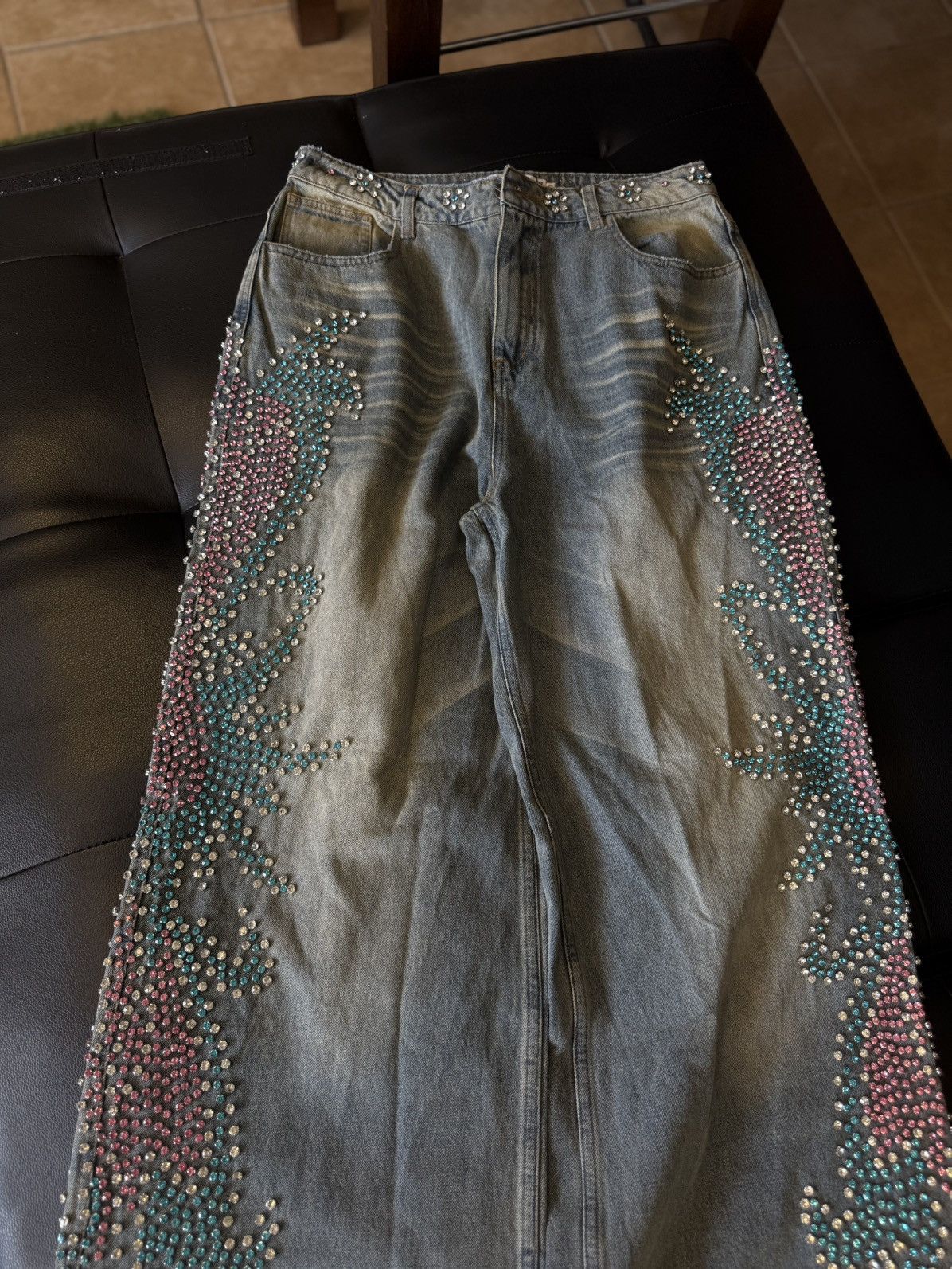 Vale Valley Stone Crystal Rhinestone Baggy Blue Jeans Size 30 Size US 30 / EU 46 - 5 Thumbnail