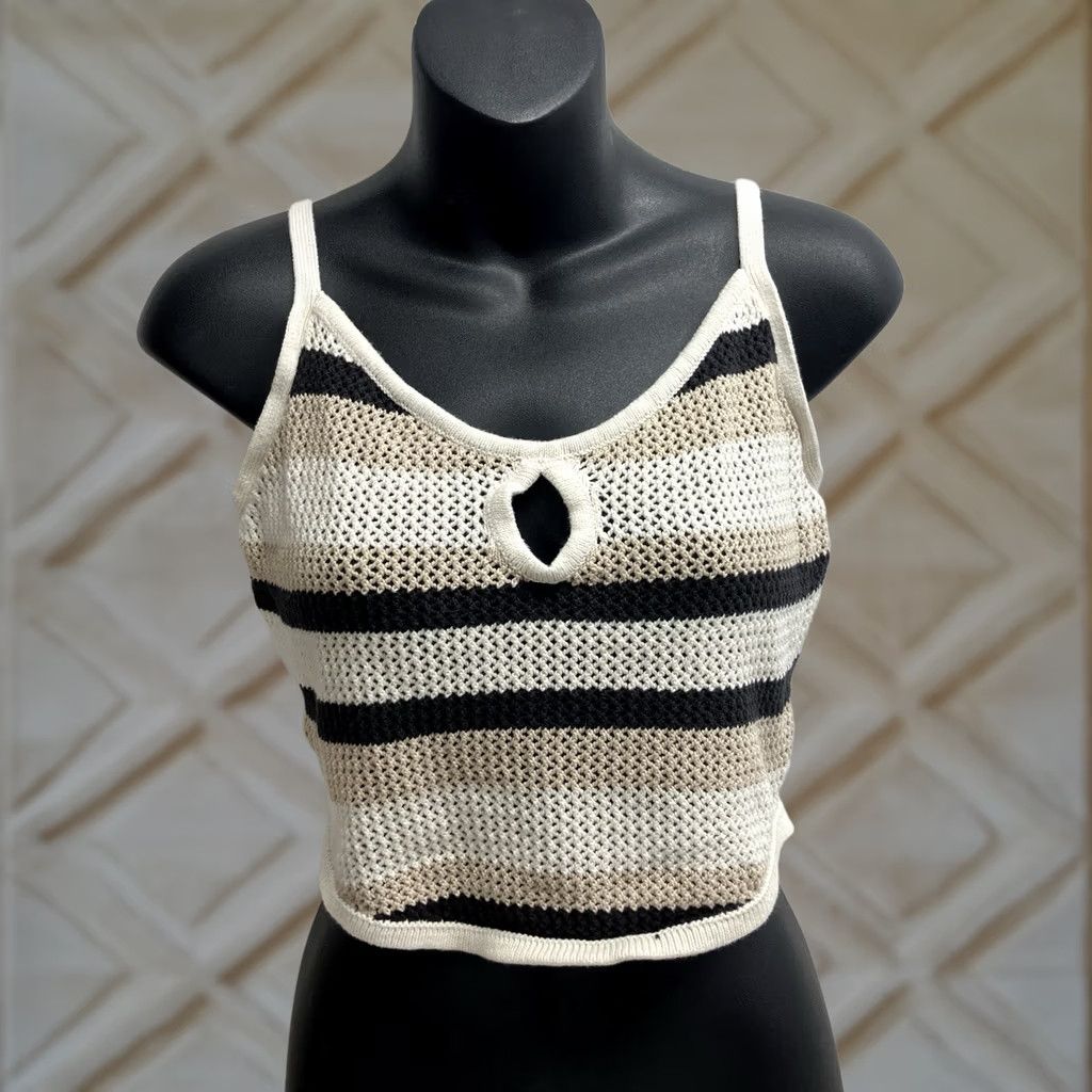 American Eagle Outfitters American Eagle Cropped Sweater Tank Top Striped Crochet Black White Tan Size M Women Size M / US 6-8 / IT 42-44 - 1 Thumbnail
