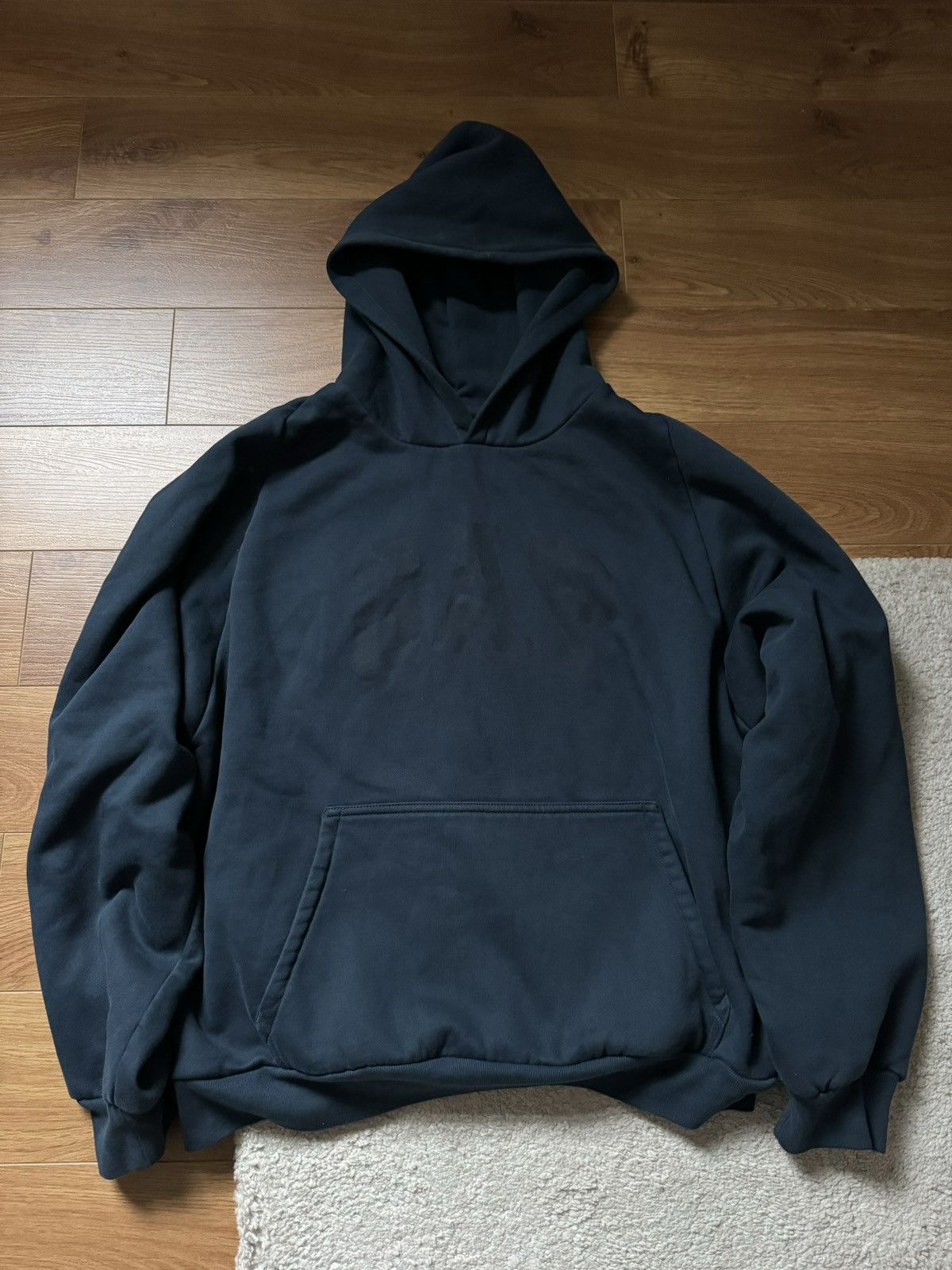 image of Yeezy Gap Engineered By Balenciaga Dove Shrunken Hoodie in Dark Blue Wash, Men's (Size Large)
