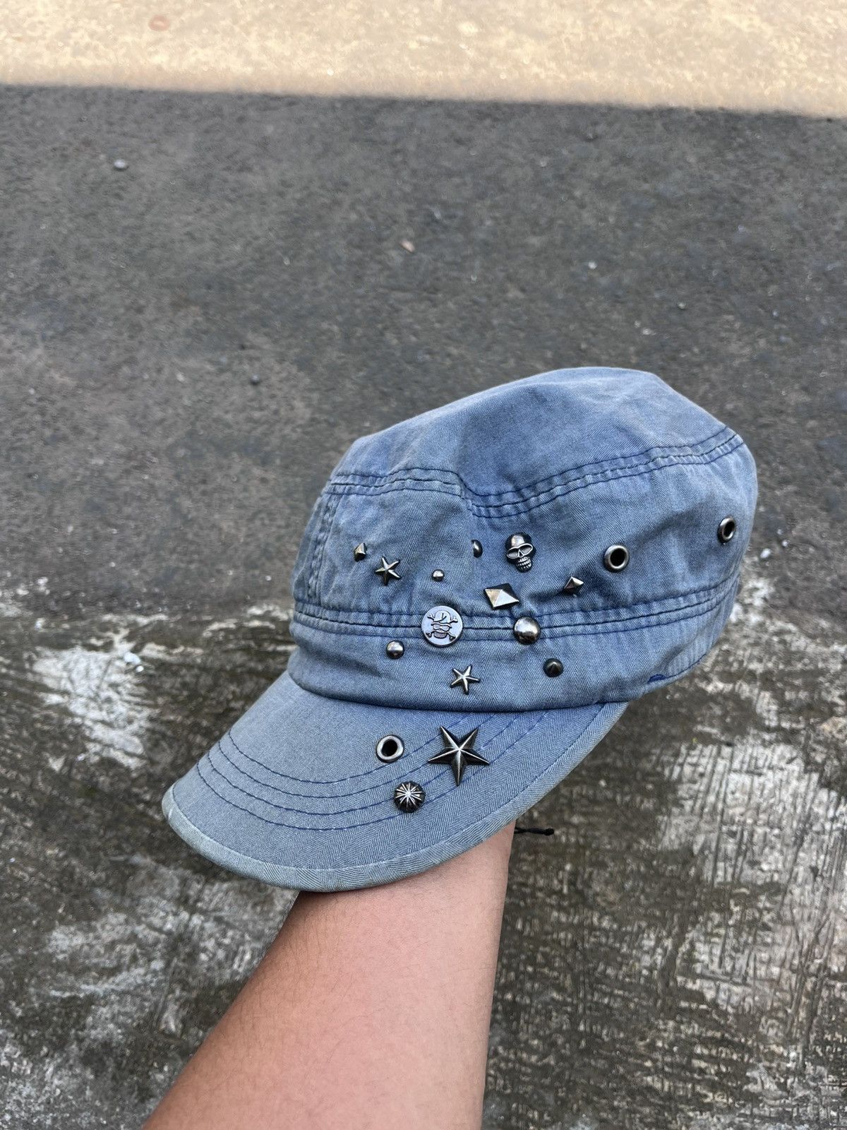 Japanese Brand Y2K Studded Skull Patrol Caps Size ONE SIZE - 1 Thumbnail