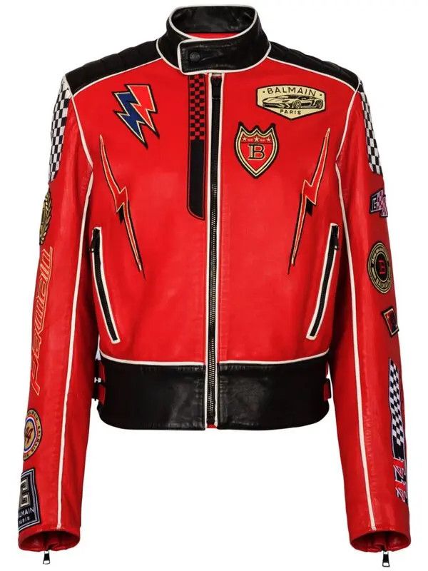 o1s1wg110925 Logo Applique Leather jacket in Red/Black