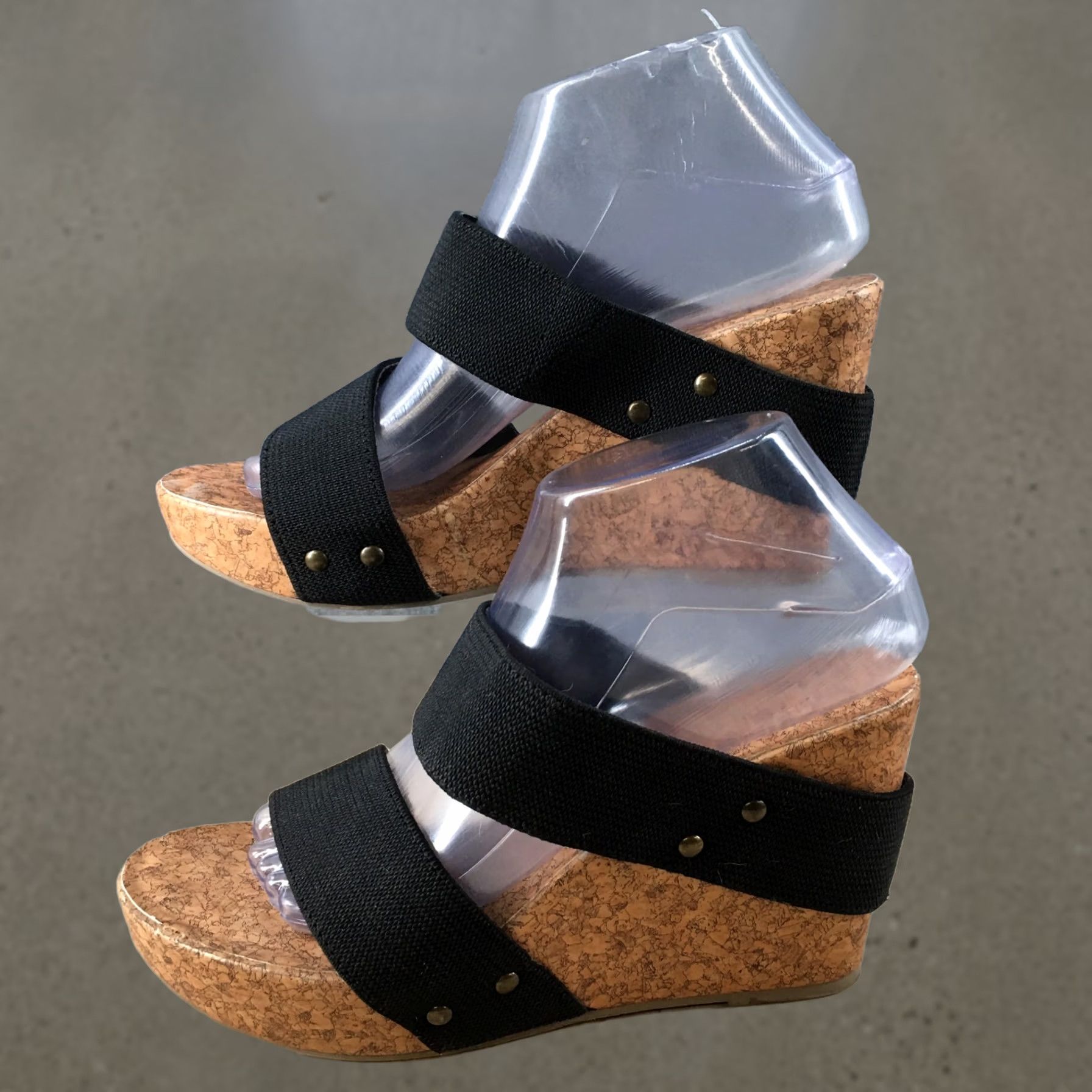 Vintage American Eagle Sandals Womens 9 Cork Heels Wedge Platform Slide Black Fabric Size US 9 / IT 39 - 1 Thumbnail