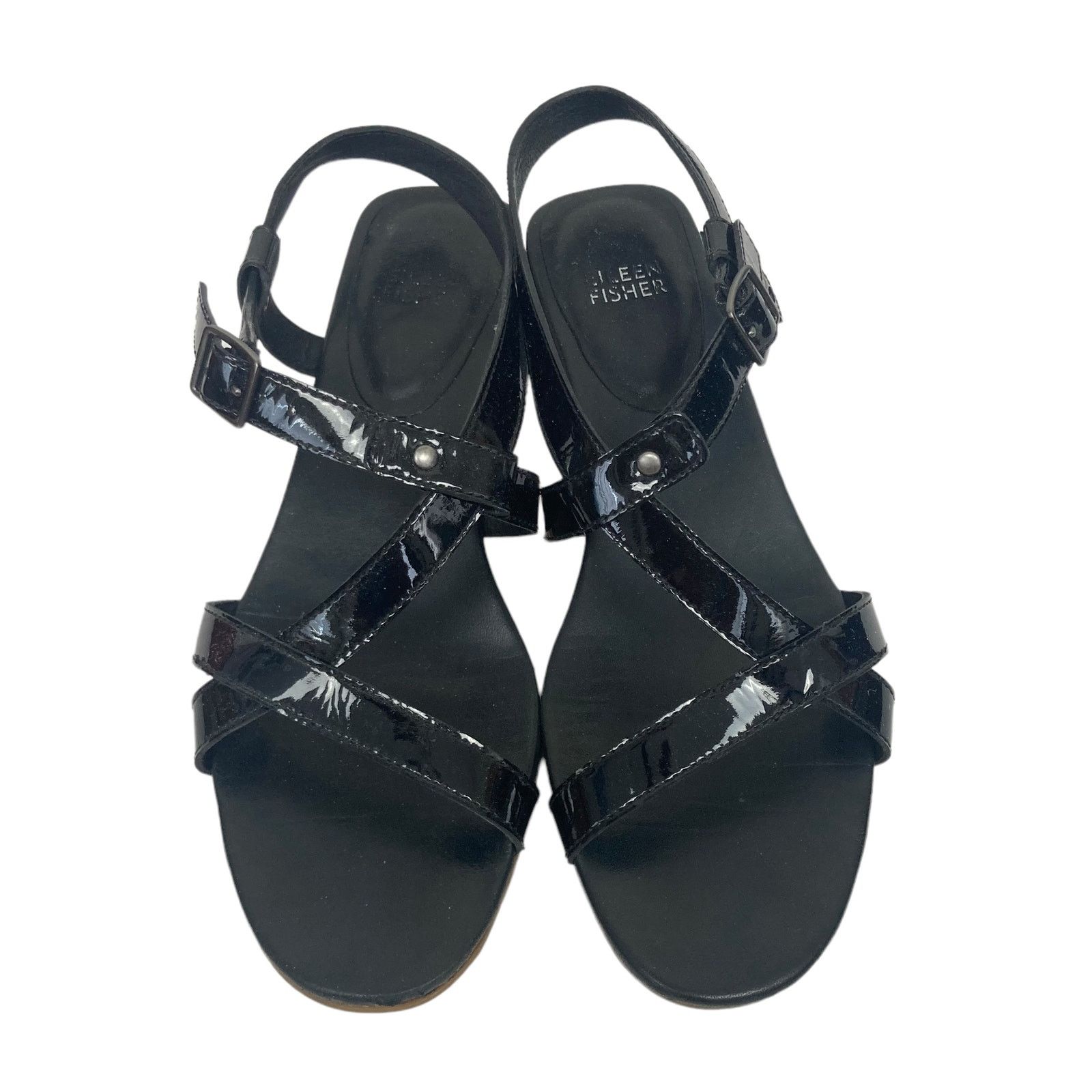 Eileen Fisher Eileen Fisher Black Patent Leather Strappy Wedges Sz 8 Size US 8 / IT 38 - 2 Thumbnail