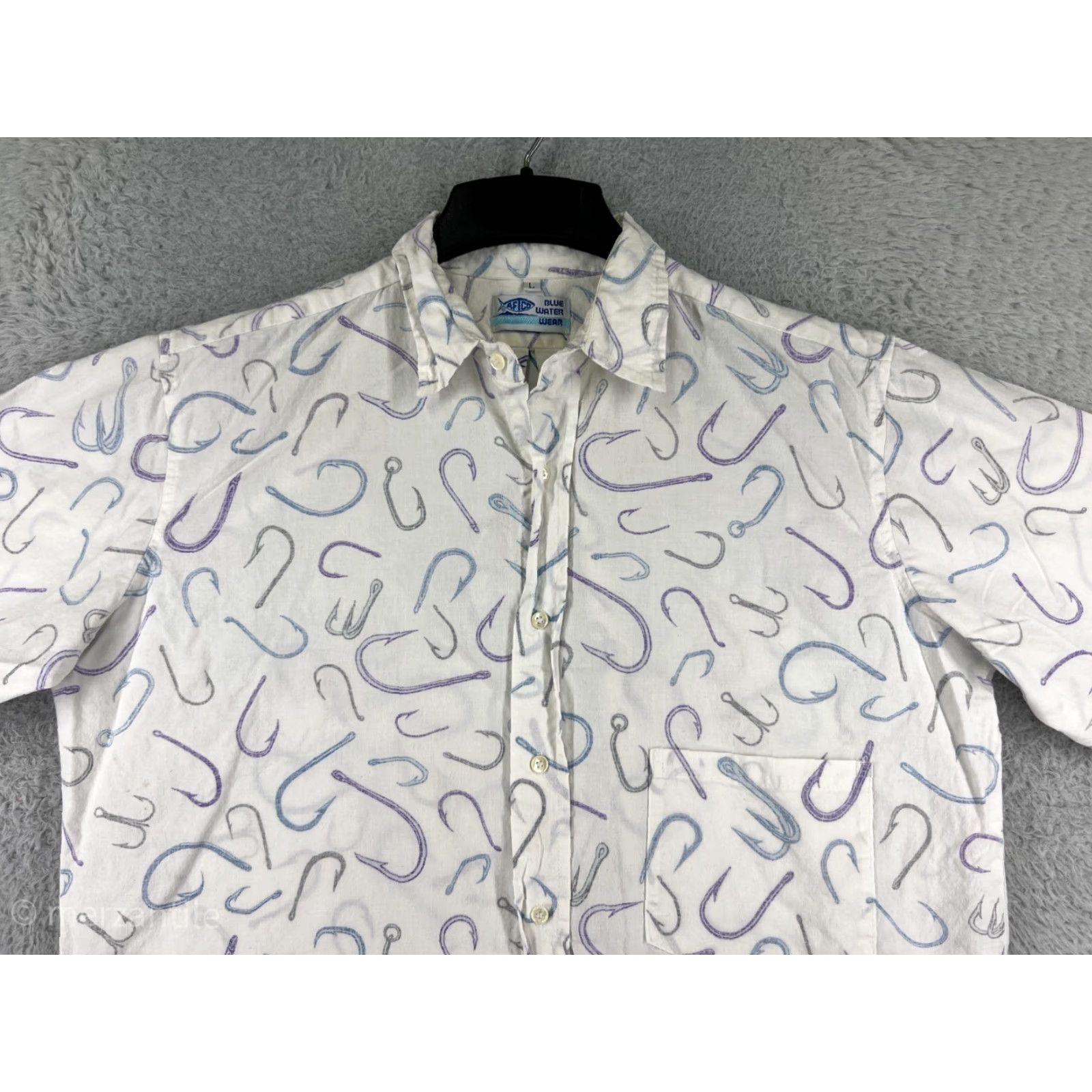 Vintage VINTAGE AFTCO Shirt Mens Large White All Over Print Fishing Angler Hook Resort Luau Aloha Hawaiian Size US L / EU 52-54 / 3 - 5 Thumbnail