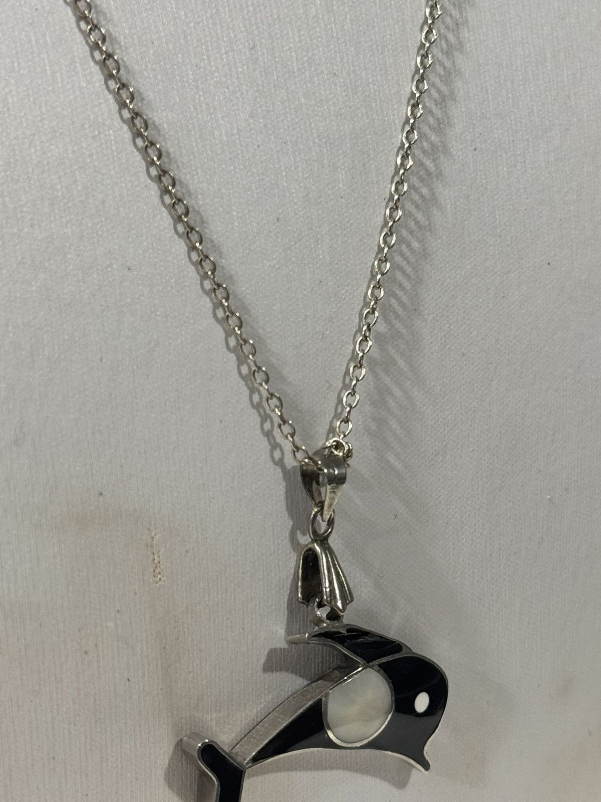 Sterling Silver Silver Orca Whale Pendant Necklace | Onyx & Mother of Pearl Size ONE SIZE - 9 Thumbnail