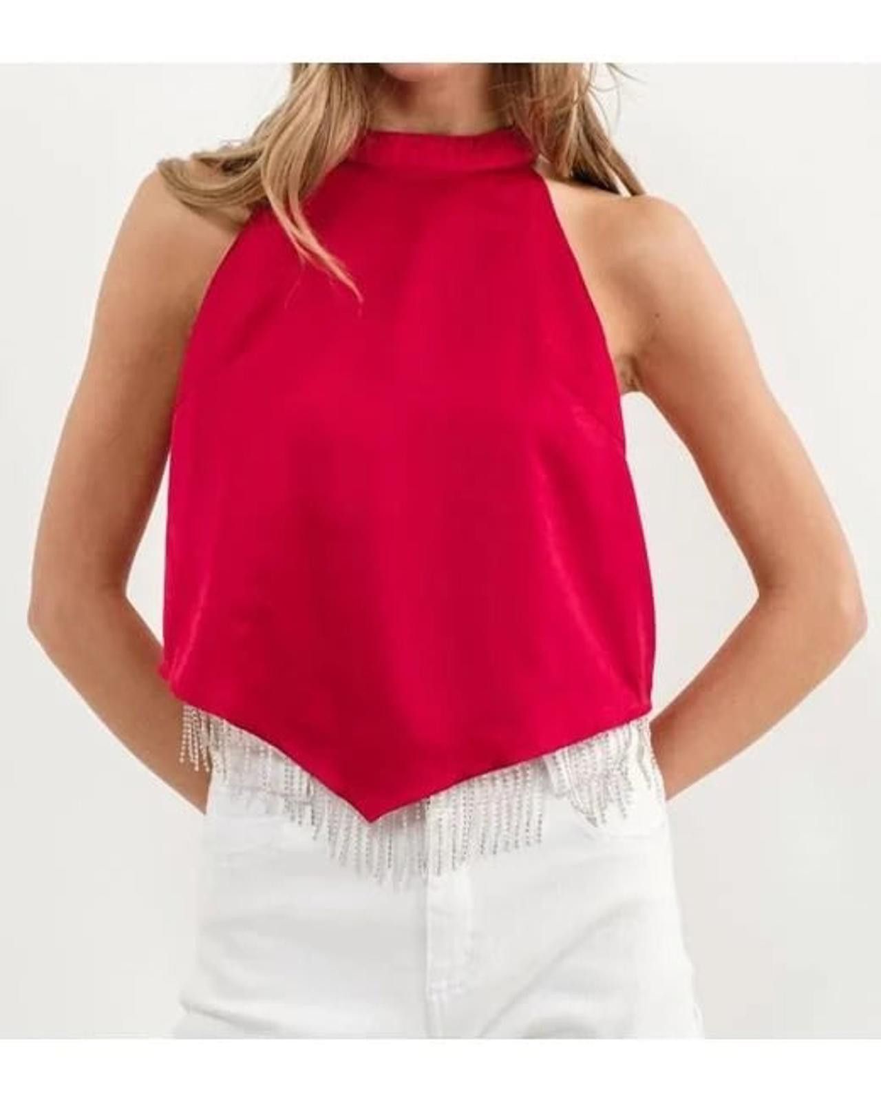 Other Blue B Collection Red Satin Halter Top with Fringe Large NWT Size L / US 10 / IT 46 - 1 Thumbnail