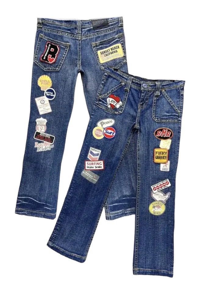 Japan Blue 🌙 BLUE MOON BLUE Embroidered Printed Patches Low Rise Slim Size 30" / US 8 / IT 44 - 1 Thumbnail