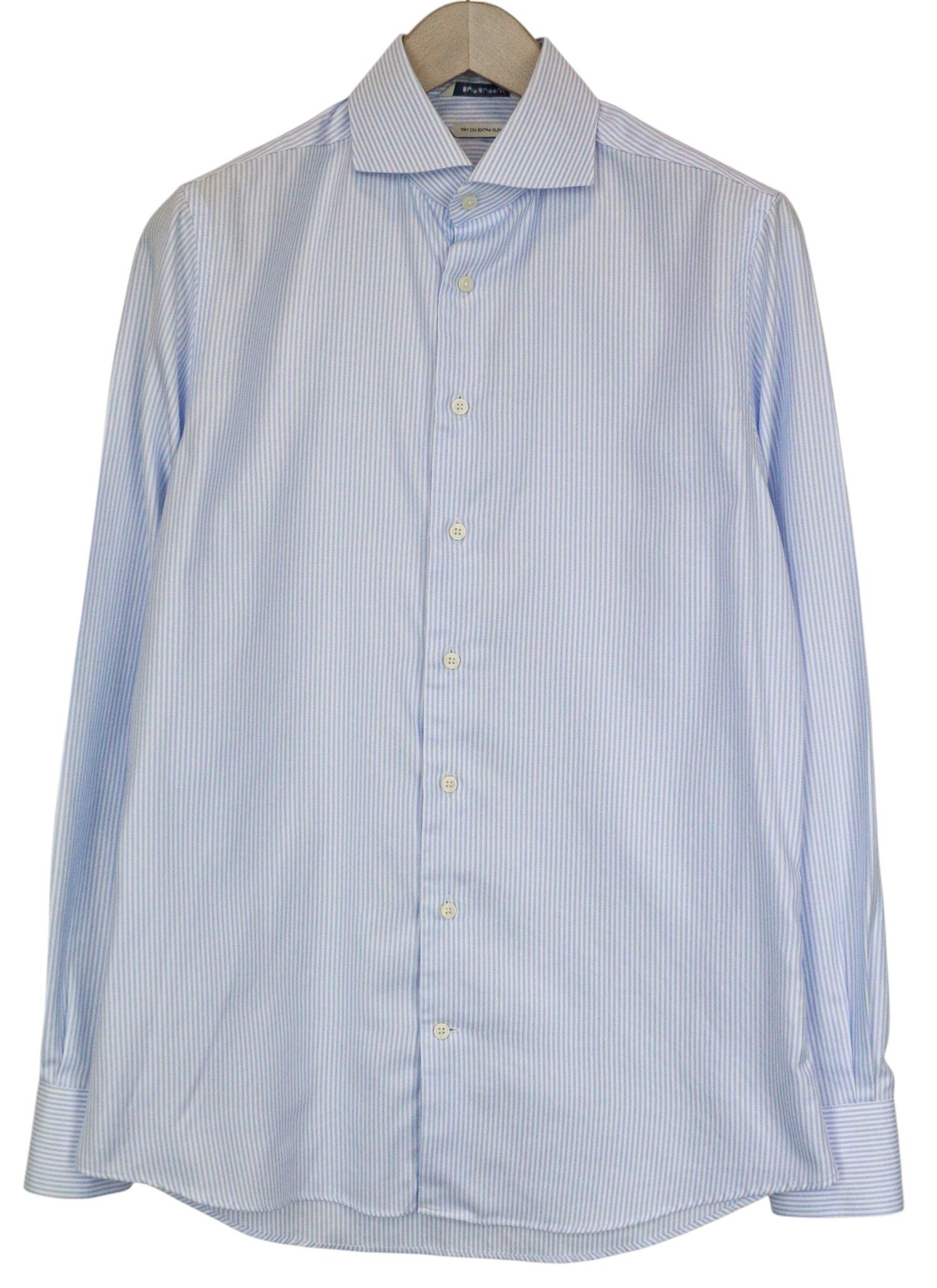 Suitsupply 40/15 3/4 Extra Slim Blue Cotton Stripe Shirt 79184 Size 40R - 10 Thumbnail