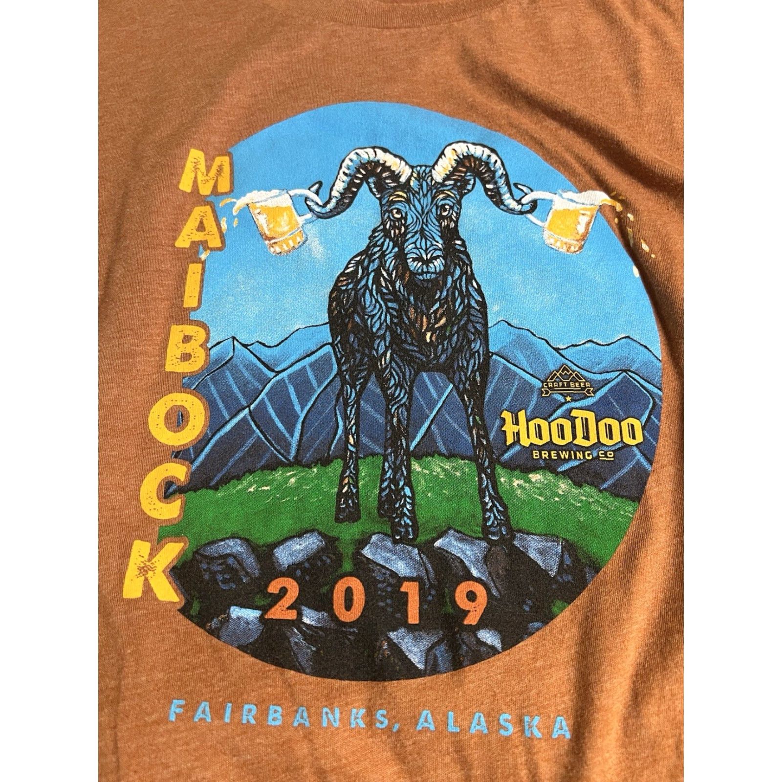 Vintage HooDoo Brewing Co. Fairbanks Alaska Beer T Shirt 2XL Brown Mountain Goat Maibock Mens T-Shirt Brown Alaska Beer 2XL Bella + Canvas Size US XXL / EU 58 / 5 - 3 Thumbnail