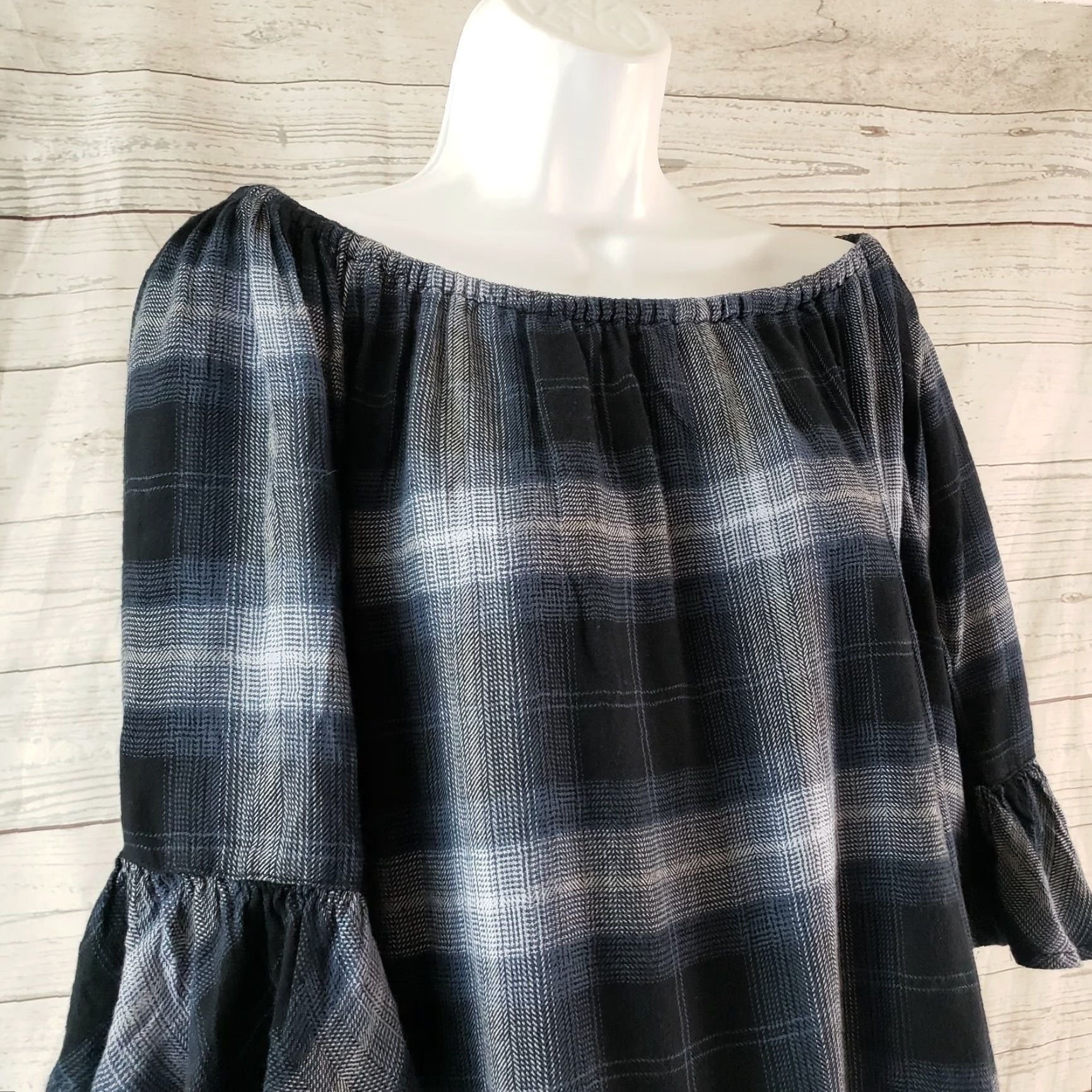 Vintage Beach Lunch Lounge Womens Blouse Off The Shoulder Top Sz M Blue Plaid Rayon 3/4 Sleeve Shirt Casual Womens Size M / US 6-8 / IT 42-44 - 2 Thumbnail
