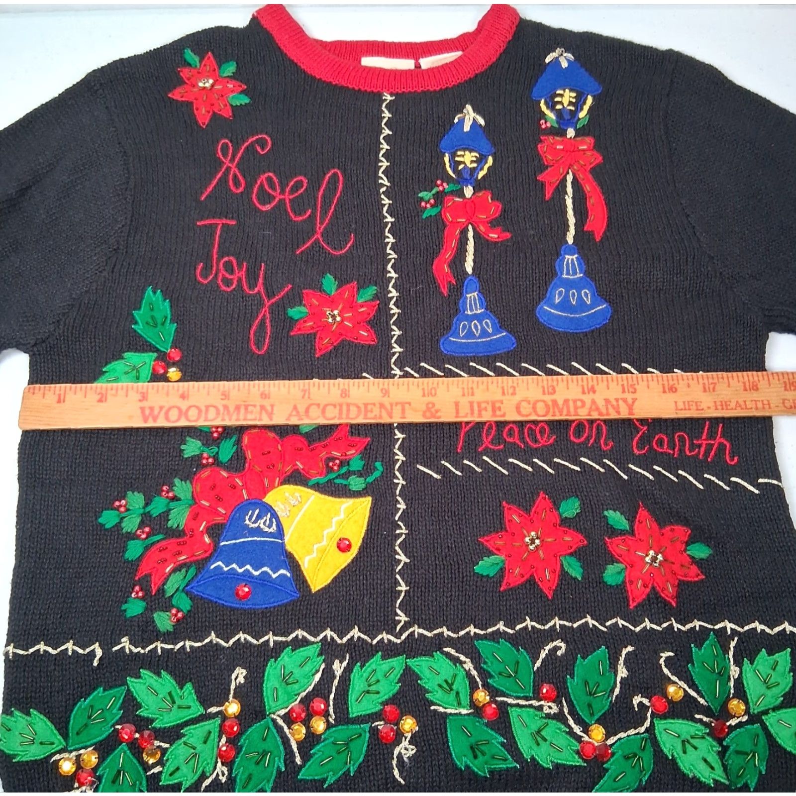 Vintage VINTAGE Bobbie Brooks Ugly Christmas Sweater Shirt Women M Black Beaded Bells Poinsettia 90s Christmas Holiday Trend Size M / US 6-8 / IT 42-44 - 3 Thumbnail