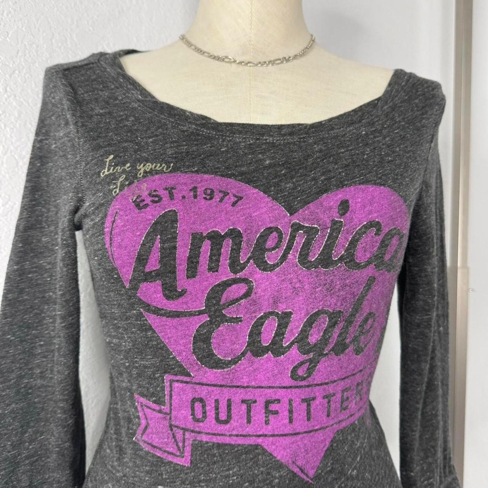 American Eagle Outfitters American Eagle Heart Fitted Shirt Gray 3/4 Sleeves Medium Size M / US 6-8 / IT 42-44 - 2 Thumbnail