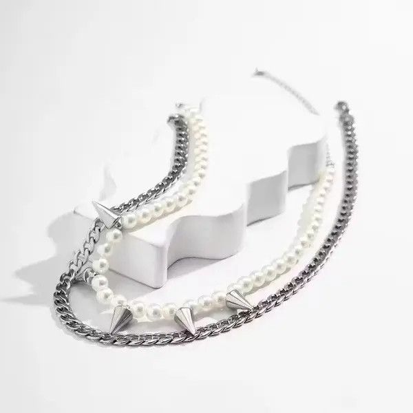 Jewelry × Vintage Layered Pearl Beads Chain with Spikes Short Choker Necklace Size ONE SIZE - 4 Thumbnail