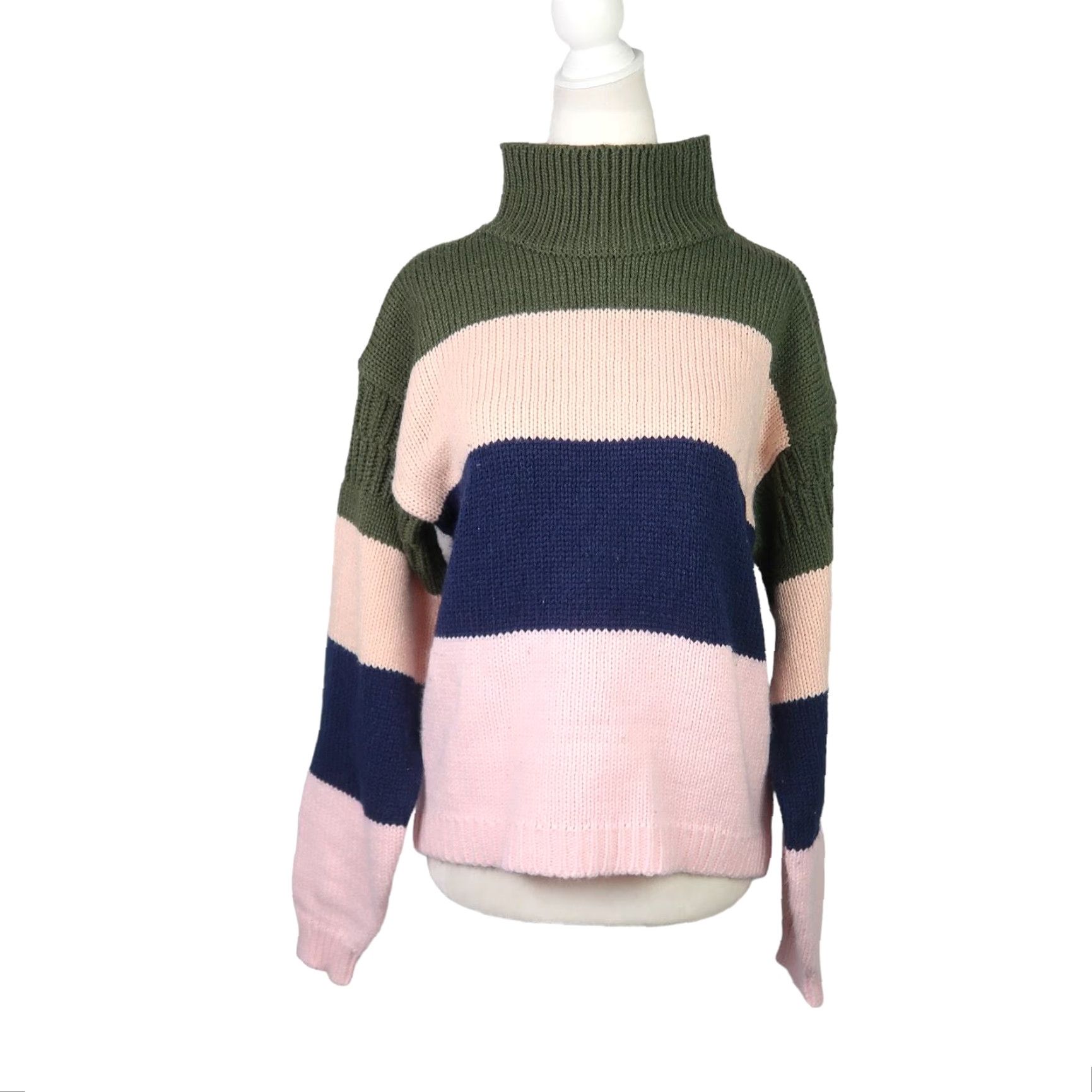Olive VINTAGE 90s WORDS Olive Green and Pink Stripe Turtleneck Sweater M Women Long Sleeve Knit Pullover Ladies Casual Fall Winter - Mens Womens? Size M / US 6-8 / IT 42-44 - 2 Thumbnail