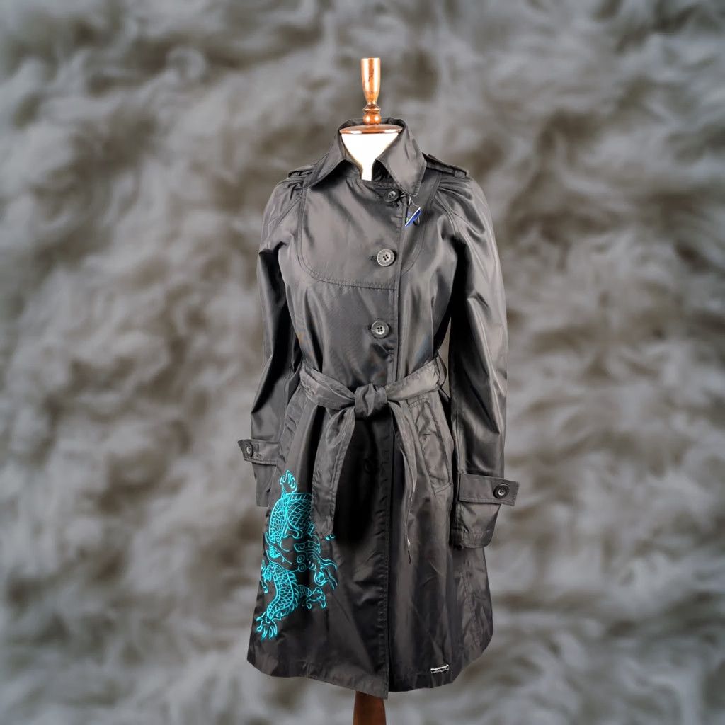 Desigual Desigual Women's Trench Coat Black Nylon Embroidered Belted Long Sleeve Patch Logo Buttoned Epaulettes Regular Size 38 Coat Women Size XS / US 0-2 / IT 36-38 - 1 Thumbnail