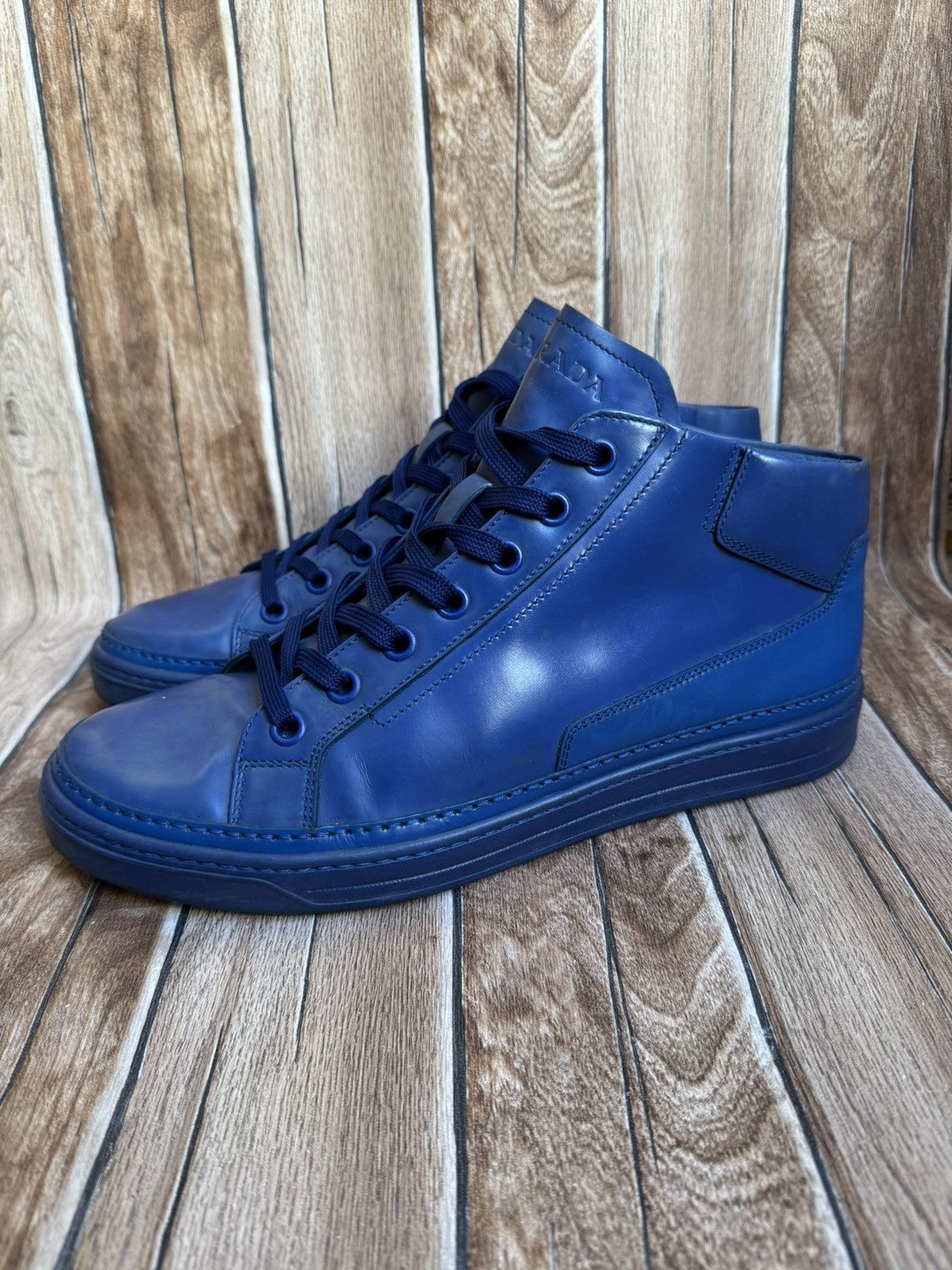 Prada x Vintage Lace Up Leather Trainers Shoes in Blue, Men's (Size 11.5)