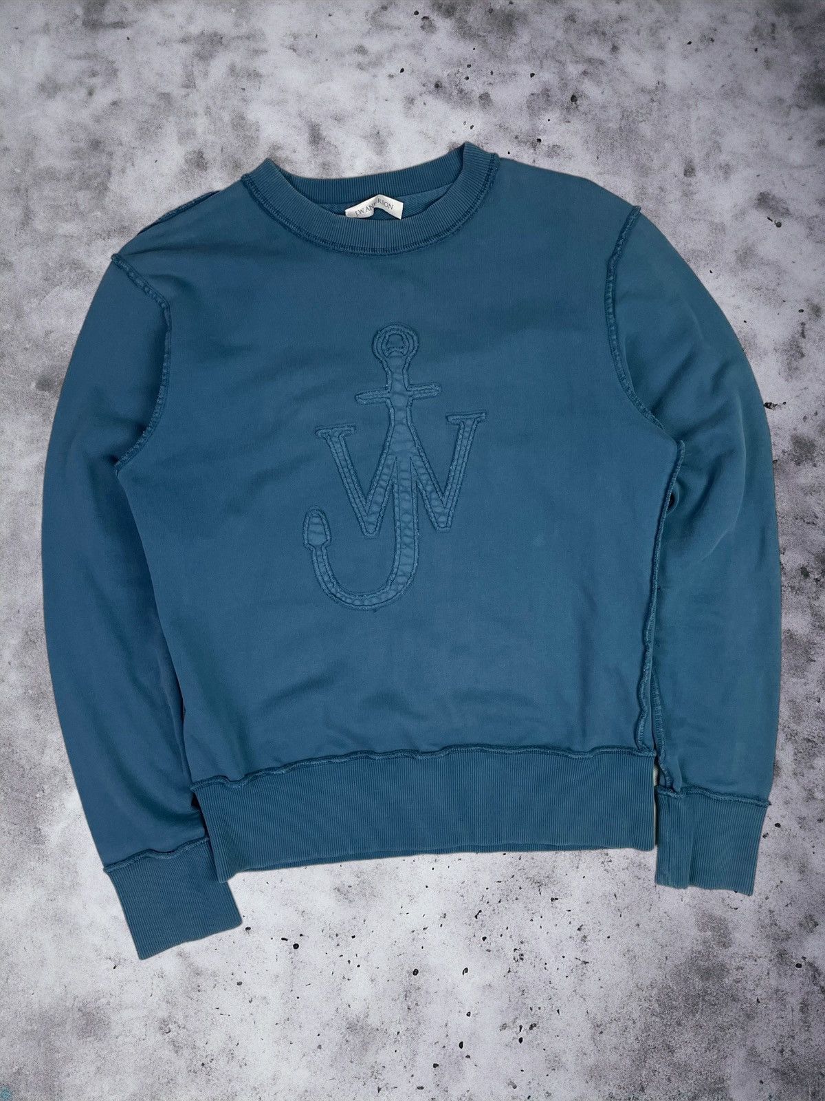 image of J W Anderson Jw Anderson Big Embroidered Logo Distressed Sweatshirt in Petrol, Men's (Size Medium)