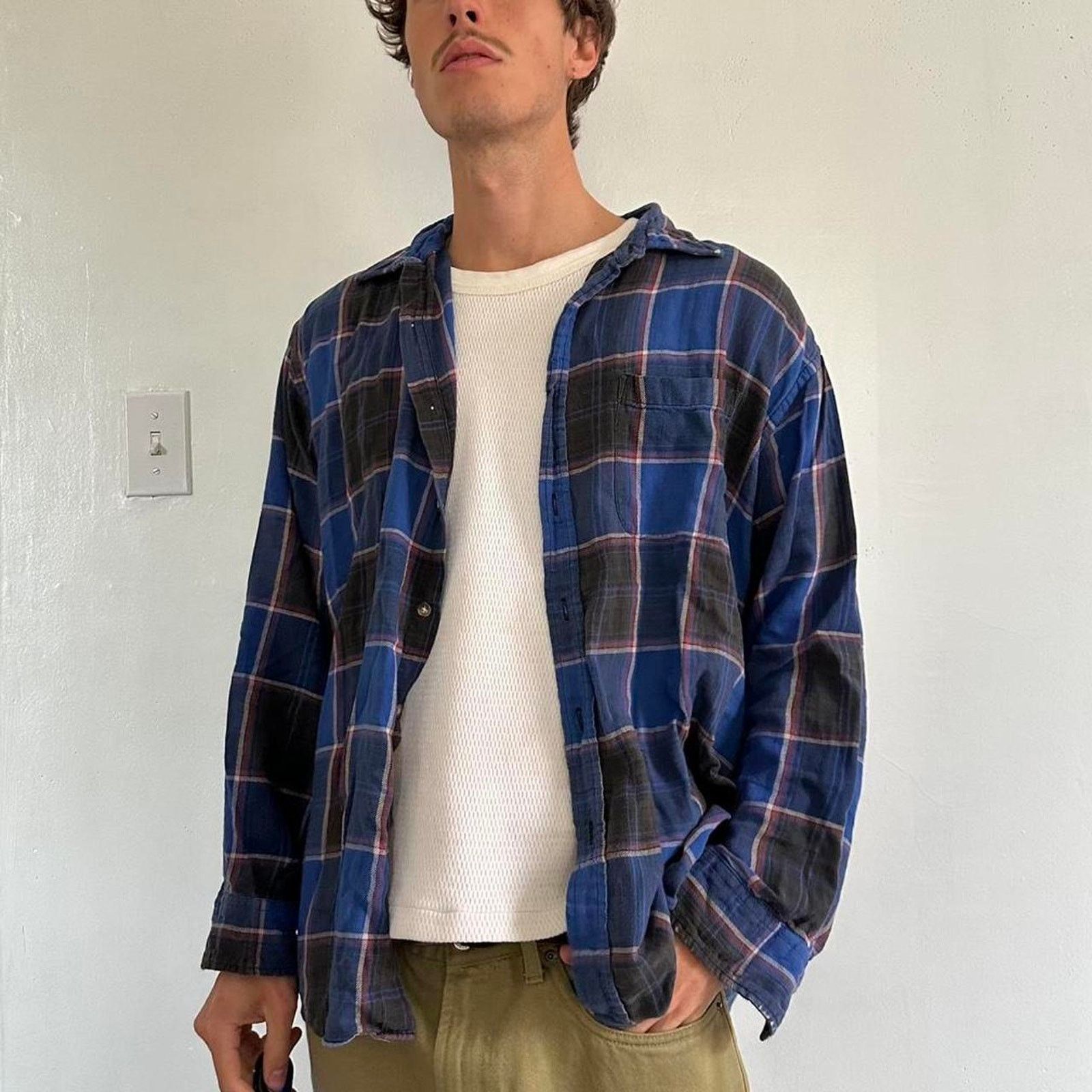 Vintage 80s Cotton Blue Black Plaid Flannel Button Up Shirt