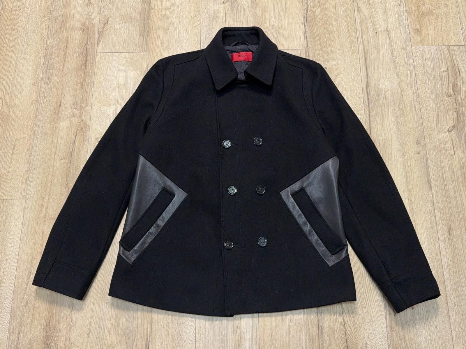 Hugo Boss Mens Hugo Boss Bimero Black Pea Coat Wool Leather Jacket Size US XL / EU 56 / 4 - 1 Thumbnail