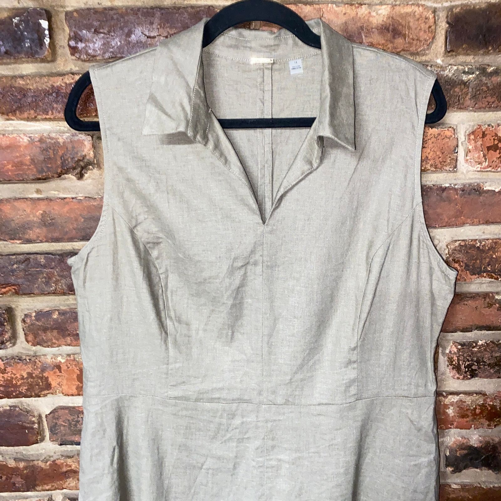 Tahari Olive Army Green Linen Sleeveless Shirt Dress 14