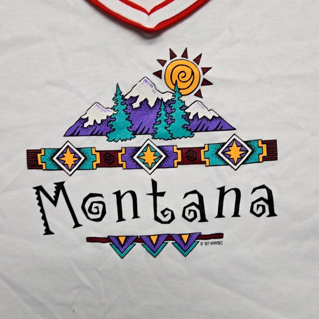 Vintage Vintage Montana Graphic Tee Le Riche Red White V-Neck Shirt Size L / US 10 / IT 46 - 2 Thumbnail