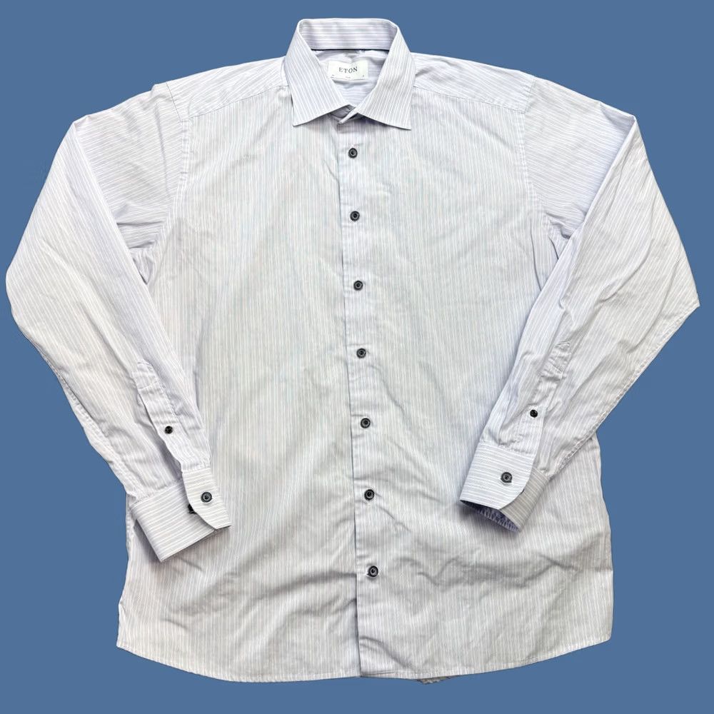 Eton ETON Shirt Mens 17 Slim Blue Striped Poplin Cotton Dress Spread Collar Long Sleeve Button Up Regular Fit Size 46R - 1 Thumbnail
