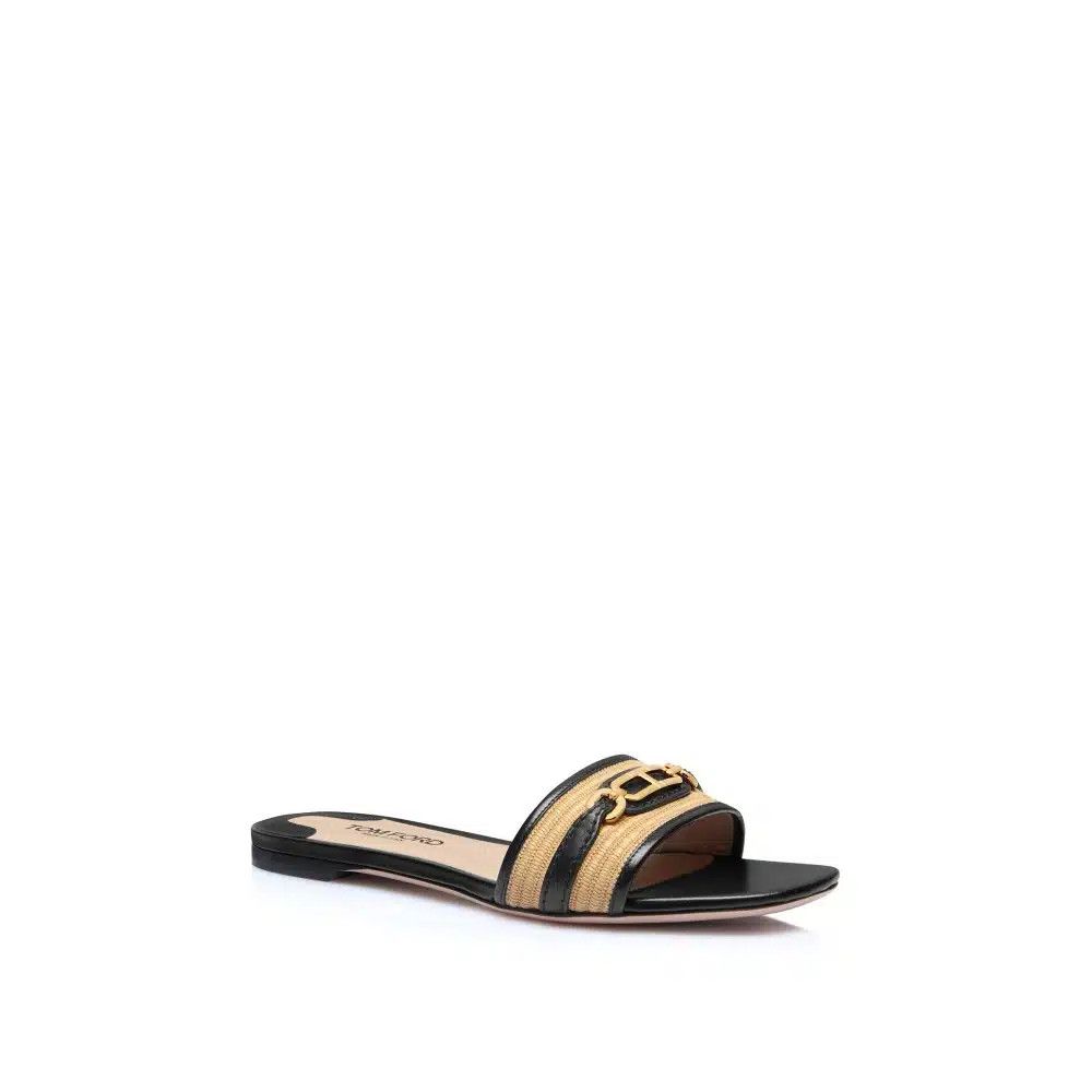 Tom Ford o1loc1c0925 W3523 Leather & Raffia Slides in Black/Beige Size US 11 / IT 41 - 2 Thumbnail