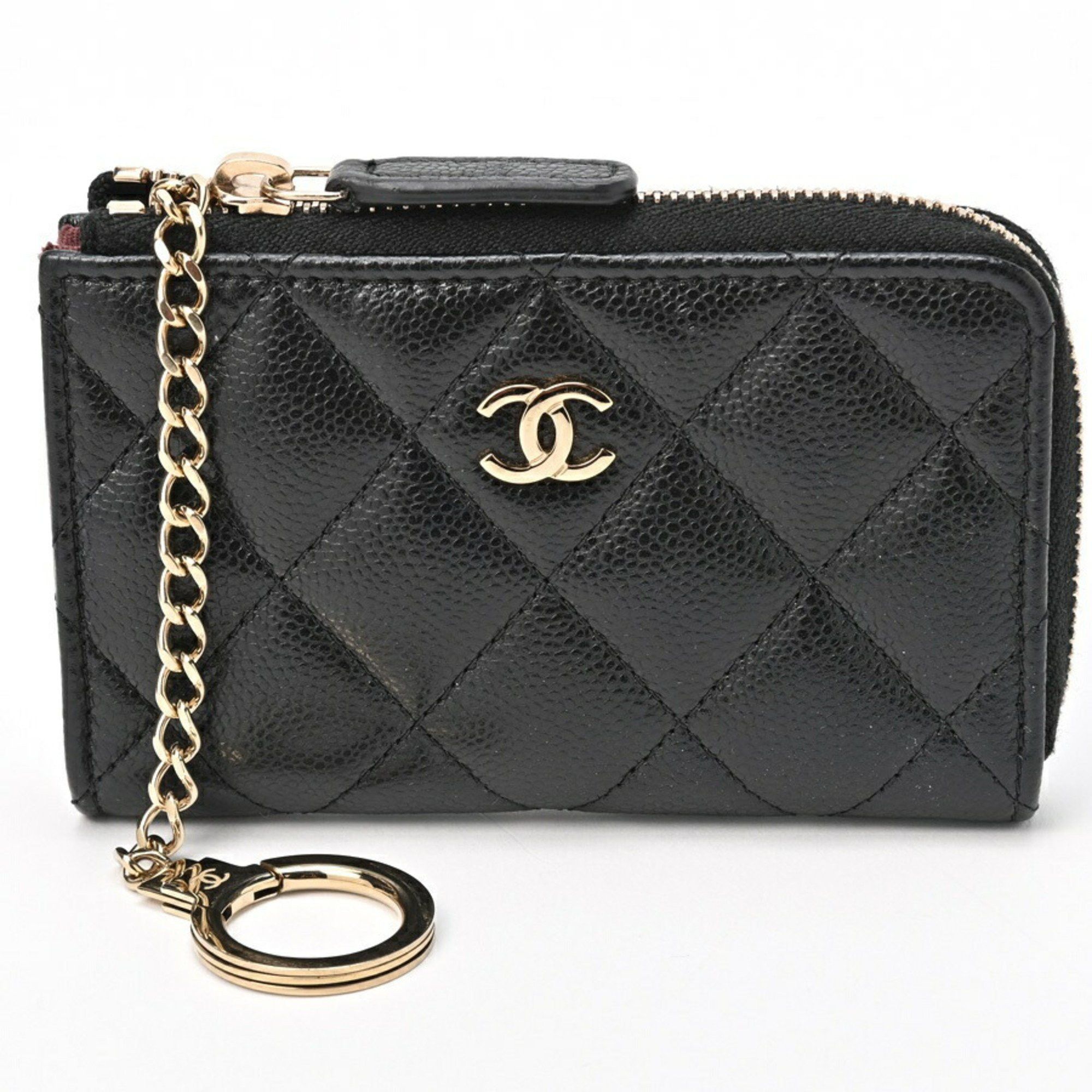 image of Chanel Matelasse L-Shaped Coin Case Ap0221 Caviar Skin Black Gold S-155519, Women's