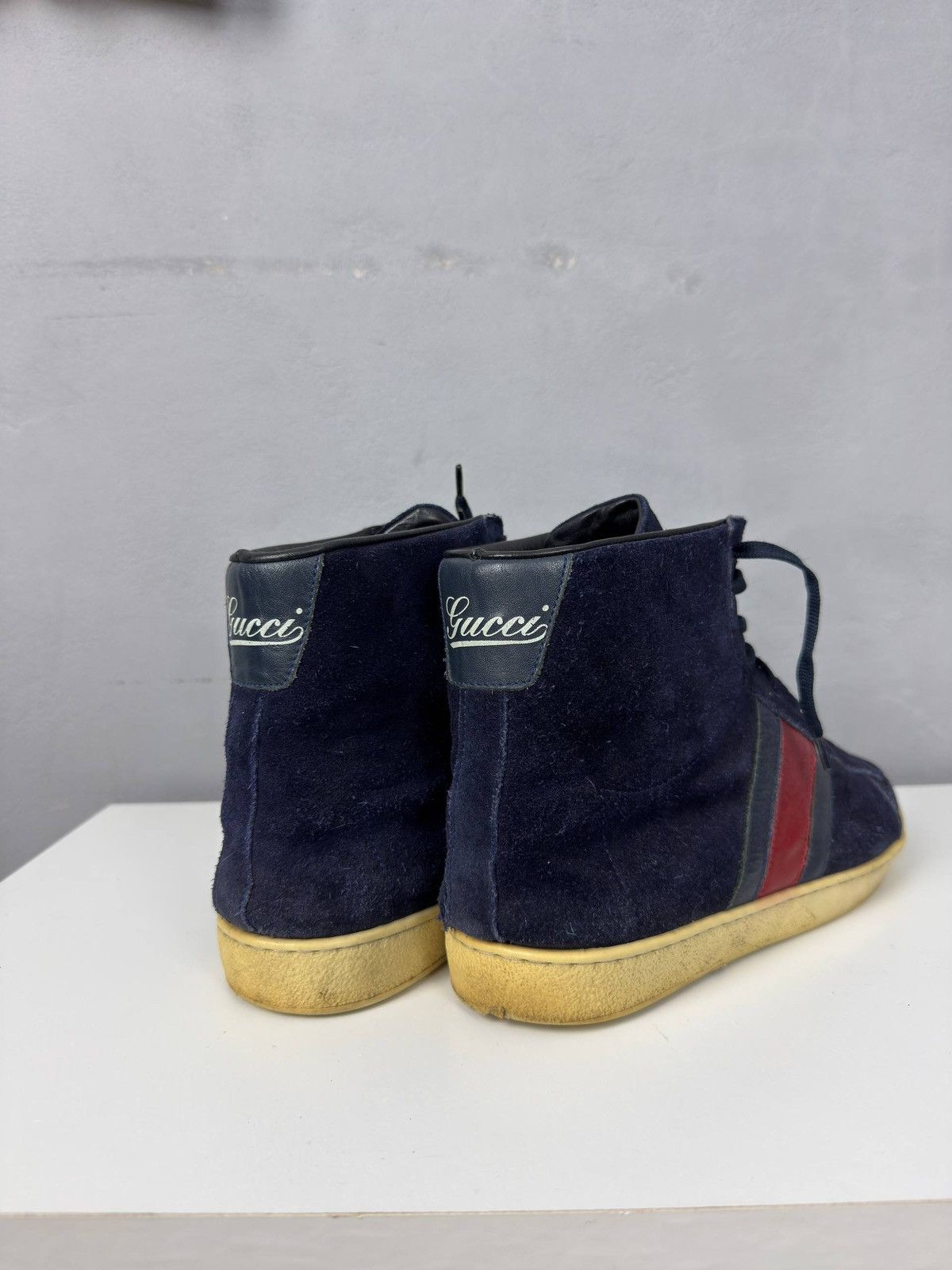 Gucci Gucci Navy Blue Suede Web High Top Sneakers Size US 8 / EU 41 - 4 Thumbnail