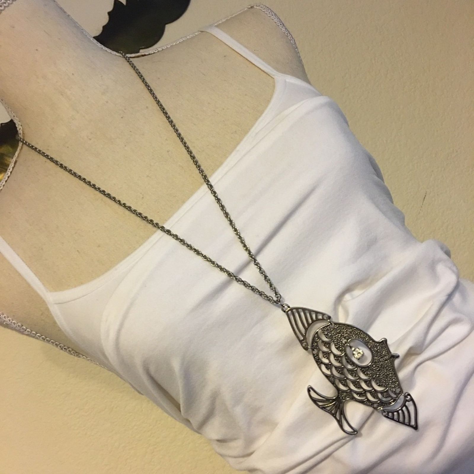 Jewelry Large silver tone fish pendant on chain necklace Size ONE SIZE - 1 Thumbnail