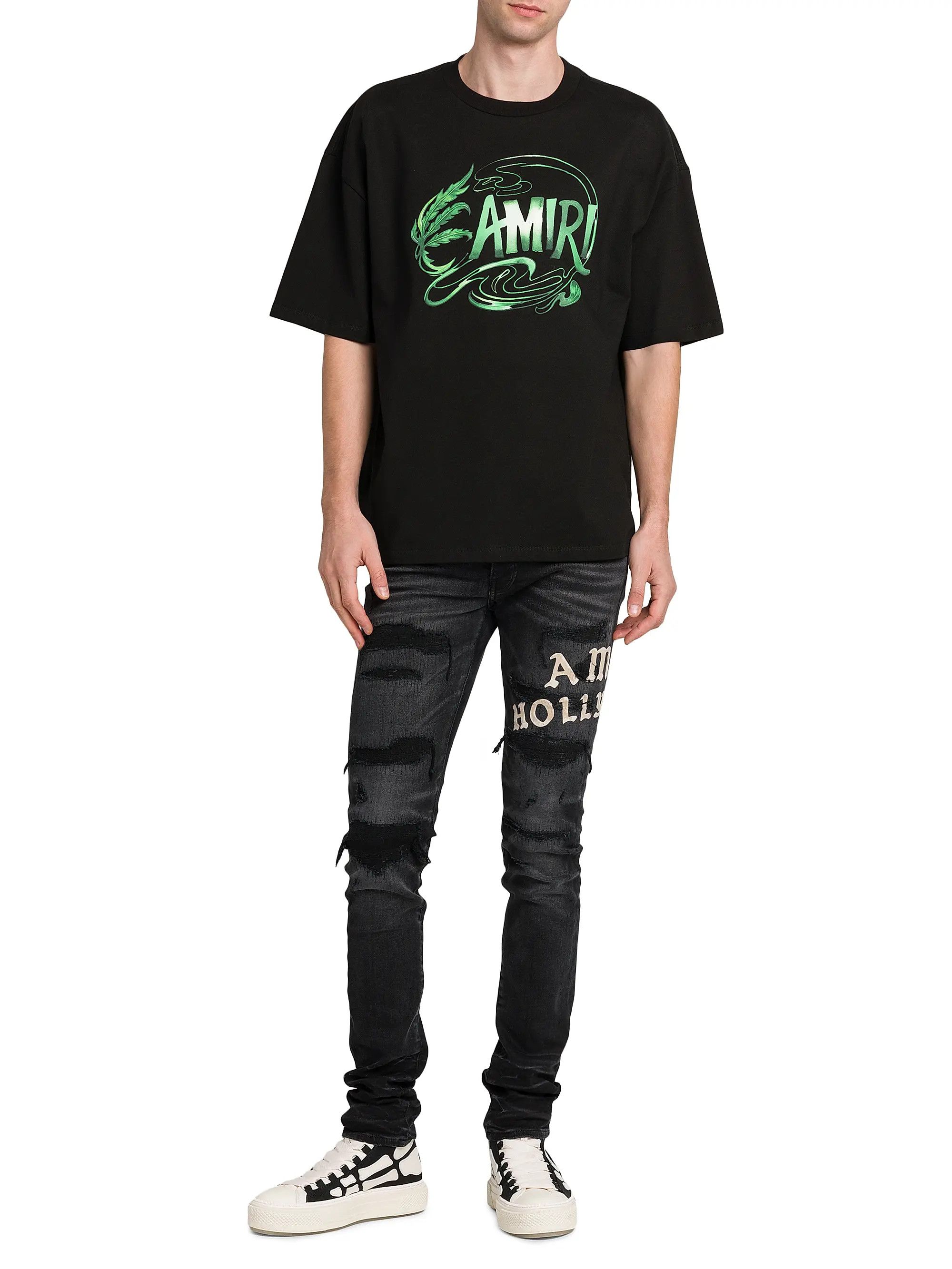 Amiri os11x1225 Leaf Cotton Oversized Crewneck T-Shirt in Black Size US M / EU 48-50 / 2 - 2 Thumbnail