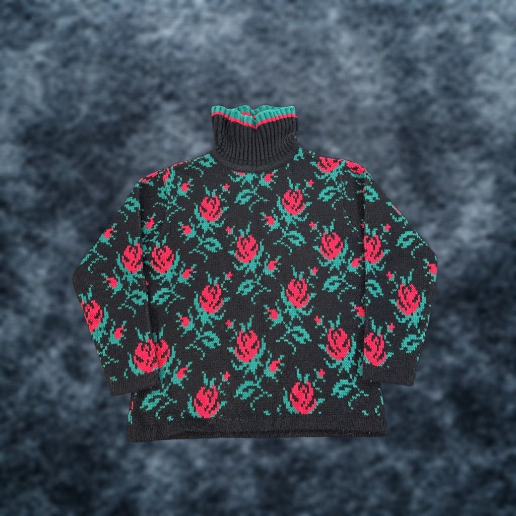 VINTAGE Dralon Hochbausch Floral Sweater Womens L Turtleneck Multicolor 80s Knit Roses Pullover L Wrapped in 80s Theme