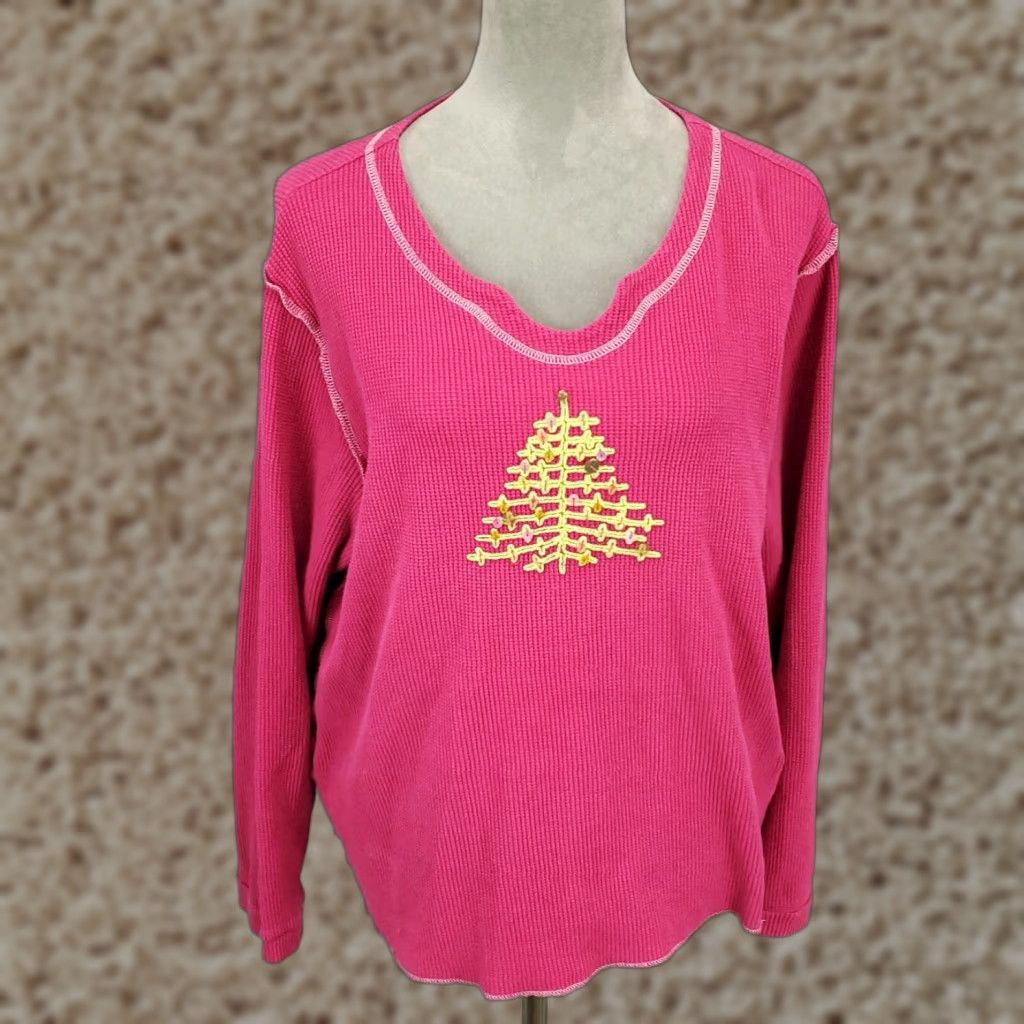 Quacker Factory Quaker Factory Holiday Christmas Tree Sweater Womens Large Waffle Knit Top Pink Size L / US 10 / IT 46 - 1 Thumbnail