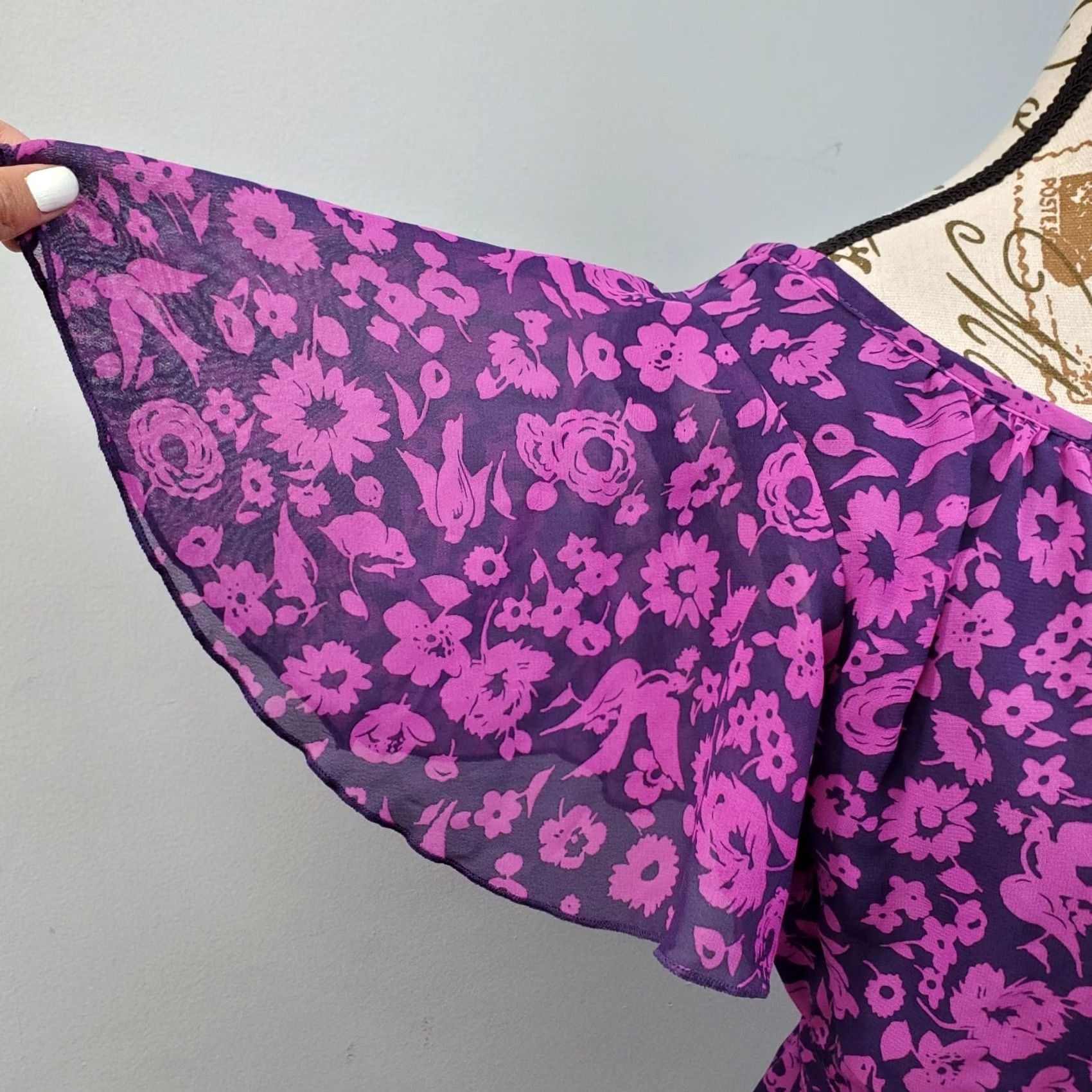 Vintage Fishbowl Mini Dress Womens Size S Purple Floral Cinch Waist Chiffon Flutter Sleeve Size S / US 4 / IT 40 - 7 Thumbnail