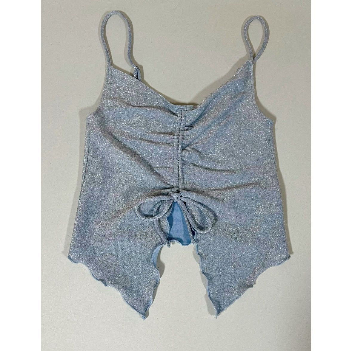 Vintage Light Blue Pastel Glitter Ruched Tie-Front Top Shirt XS 🩵 Size XS / US 0-2 / IT 36-38 - 4 Thumbnail