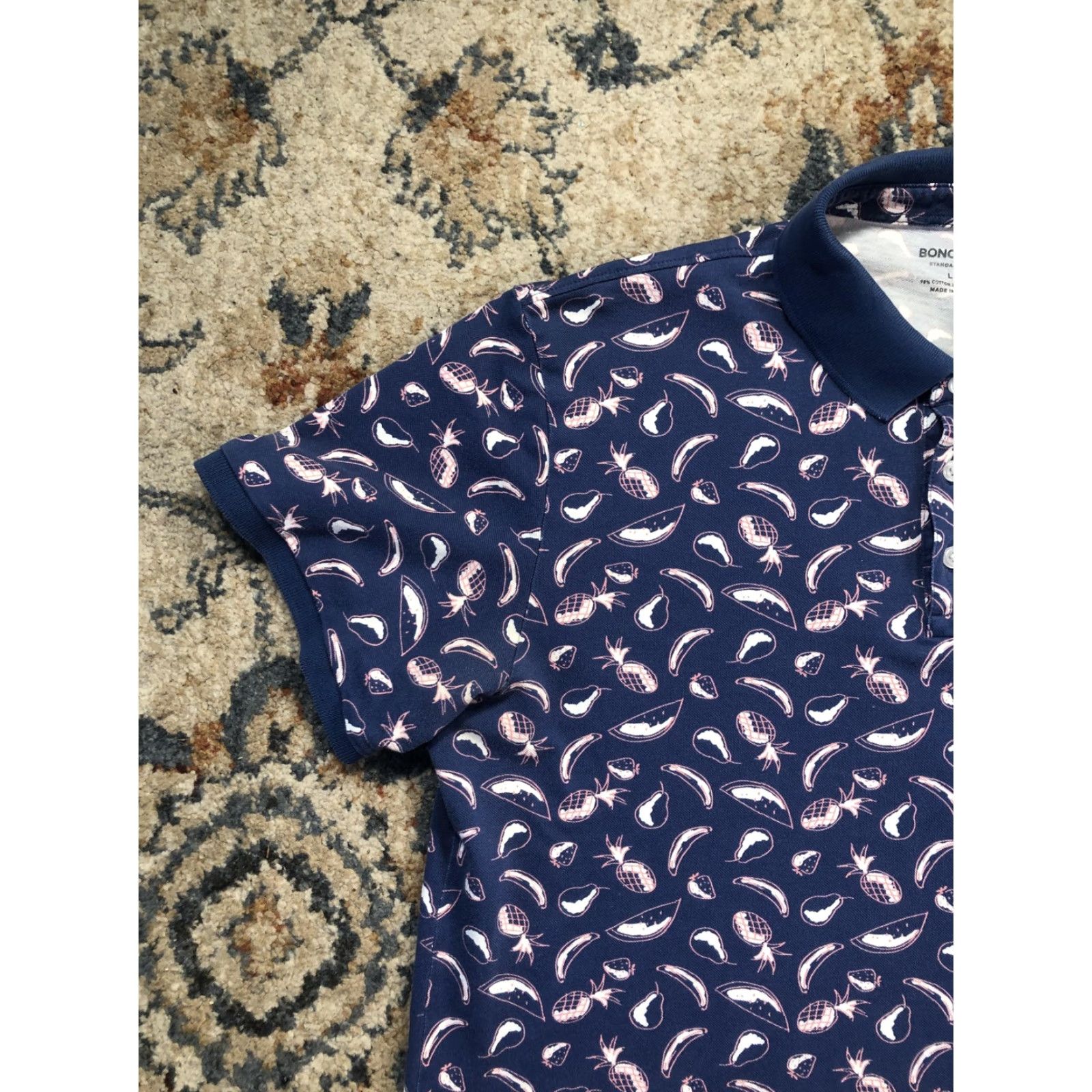 Bonobos Bonobos Polo Shirt Mens L Blue Tropical Fruit Print Short Sleeve Stretch Polo Shirt Casual Summer 98% Cotton 2% Spandex Regular Fit Graphic Print Size US L / EU 52-54 / 3 - 3 Thumbnail