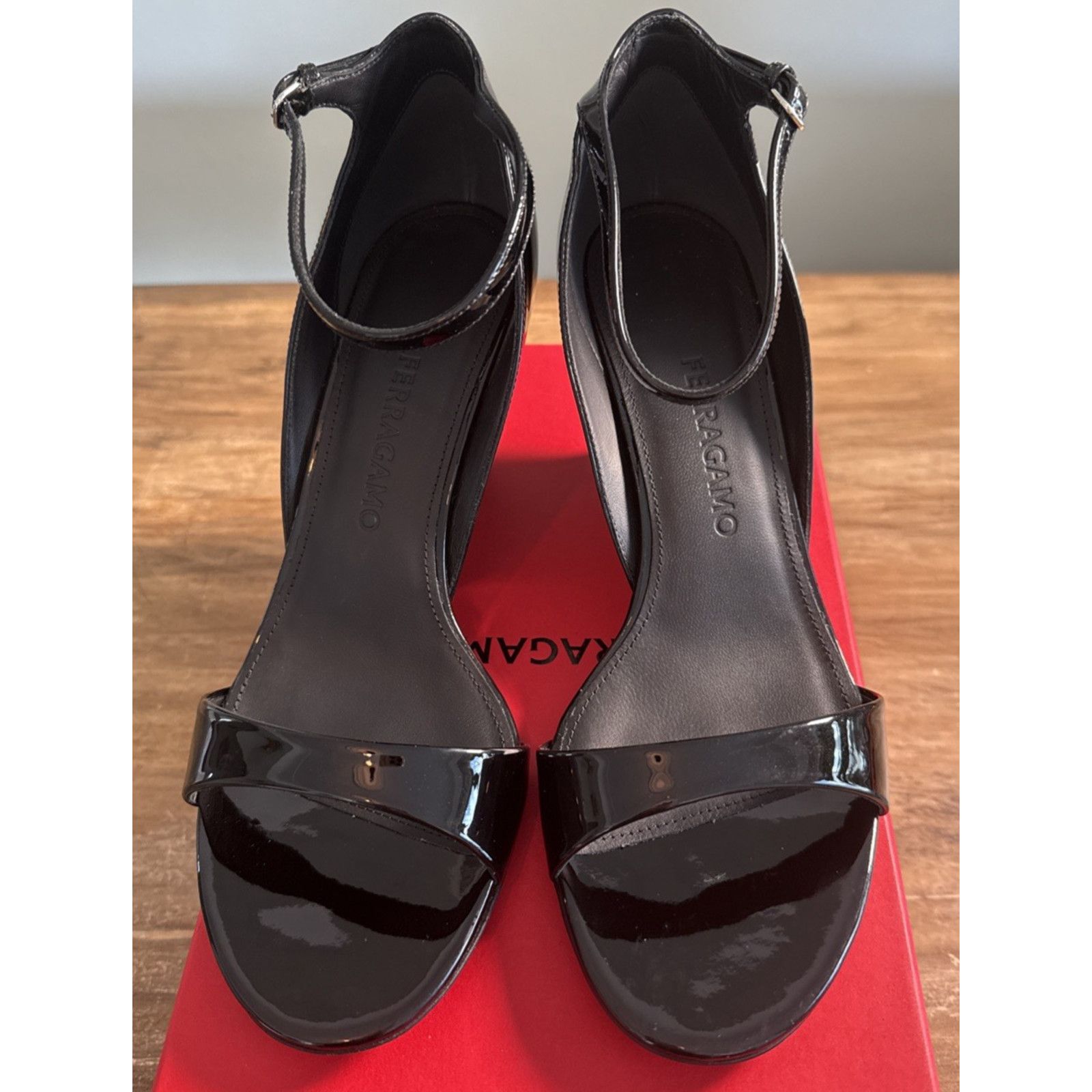 Salvatore Ferragamo Ferragamo Vidette Black Patent Leather Wedge Sandal Women 9C Size US 9 / IT 39 - 4 Thumbnail