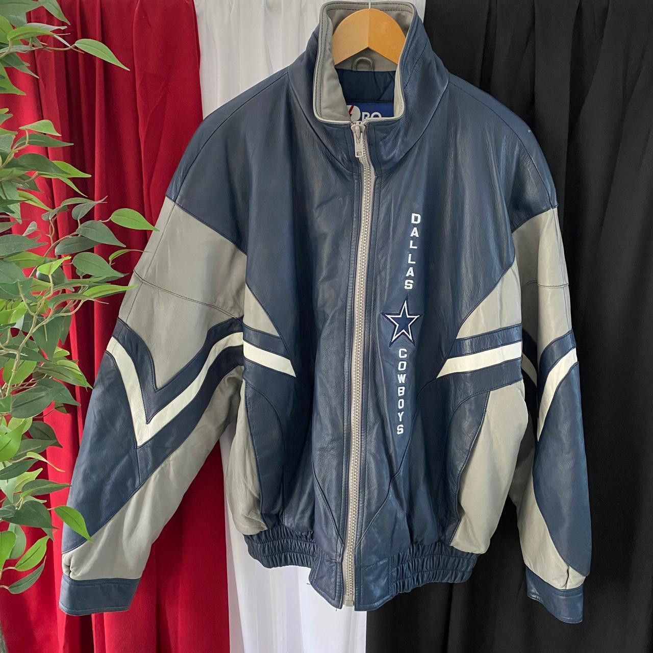 image of Nfl x Pro Player Vintage Pro Player Dallas Cowboys Full Zip Leather Jacket in Navy (Size Large)