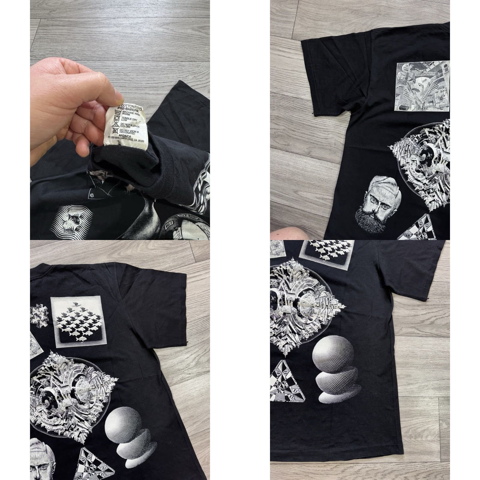 VINTAGE MC ESCHER T-Shirt All Over Print Black Tee ANDAZIA XL Mens