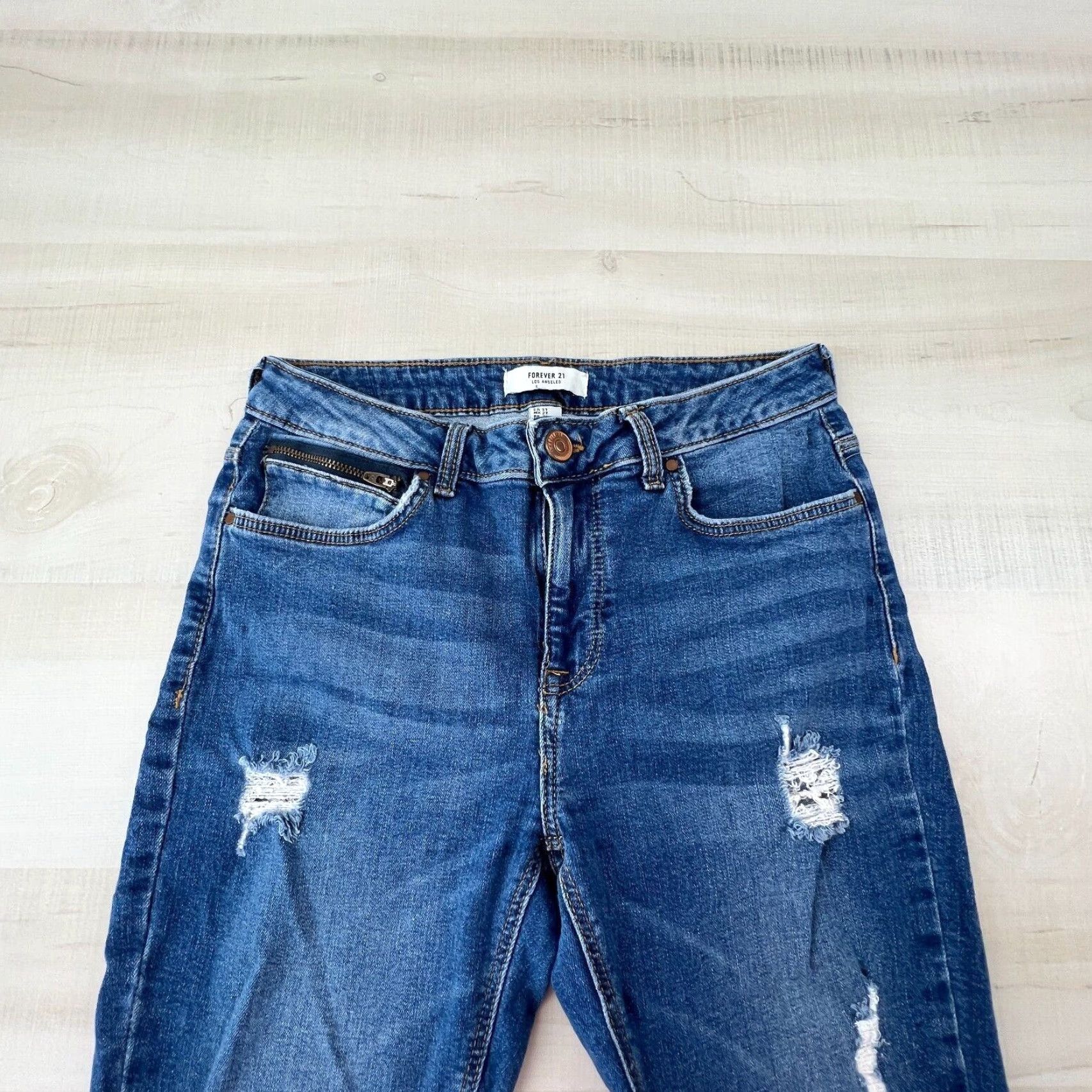 Forever 21 Forever 21 Womens 27 Medium Wash Skinny Jeans Distressed Denim Mid Rise Stretch Size 27" / US 4 / IT 40 - 2 Thumbnail