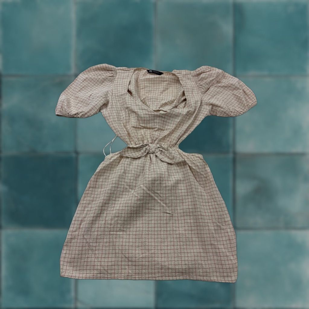 Zara Dress Womens M Beige Check Puff Sleeve Cutout Sundress Mini Linen Blend