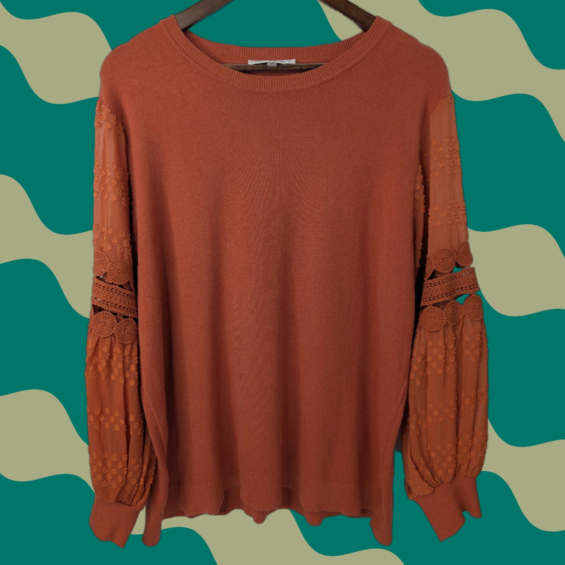 Vintage Sioni Sweater Women 2X Lace Bubble Sleeve Jumper Orange Lace Crochet Coquette Knit Pullover Crew Neck Blouson Sleeve Casual Fashion Size XXL / US 16-18 / IT 52-54 - 1 Thumbnail