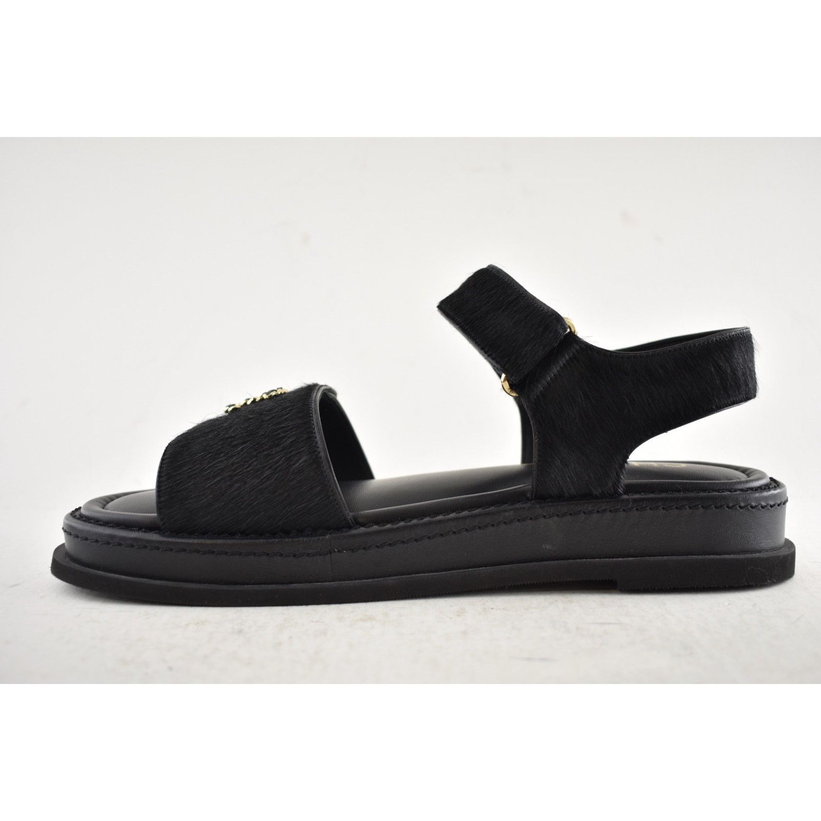 Chanel Chanel 24B Black Calf Hair Gold CC Logo Flat Dad Sandal 36 Size US 5 / IT 35 - 13 Thumbnail